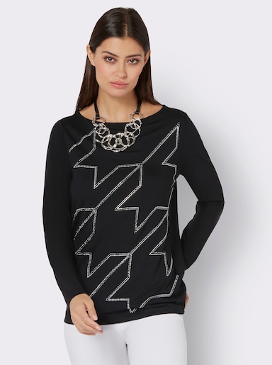 Langarmshirt im Hahnentritt-Dessin - schwarz