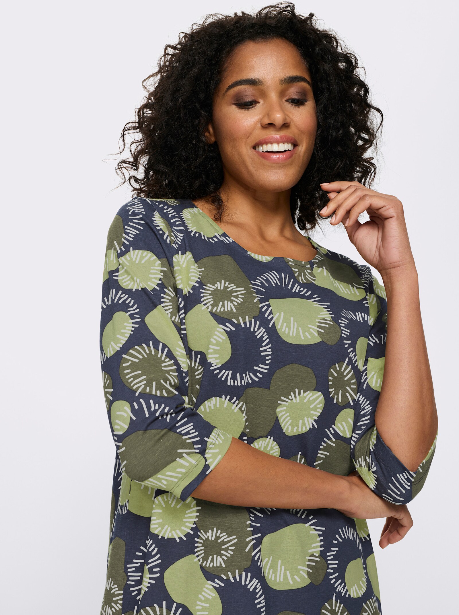 Dlhé tričko s 3/4 rukávmi, bavlna - Olivovo-lipovo zelená potlač