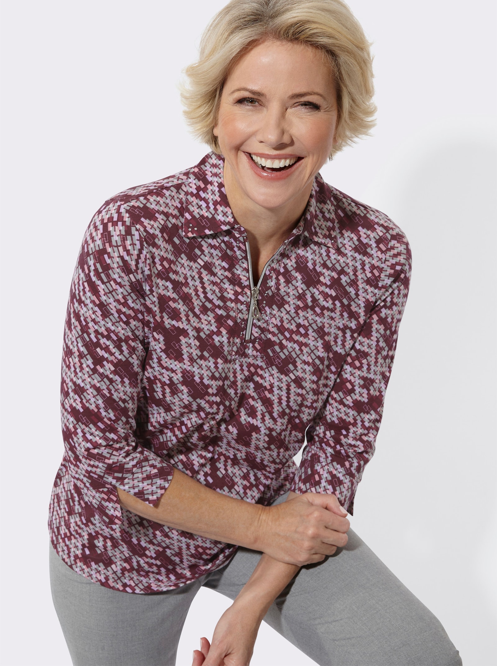 Poloshirt mit Glitzersteinchen - orchidee-ecru-bedruckt