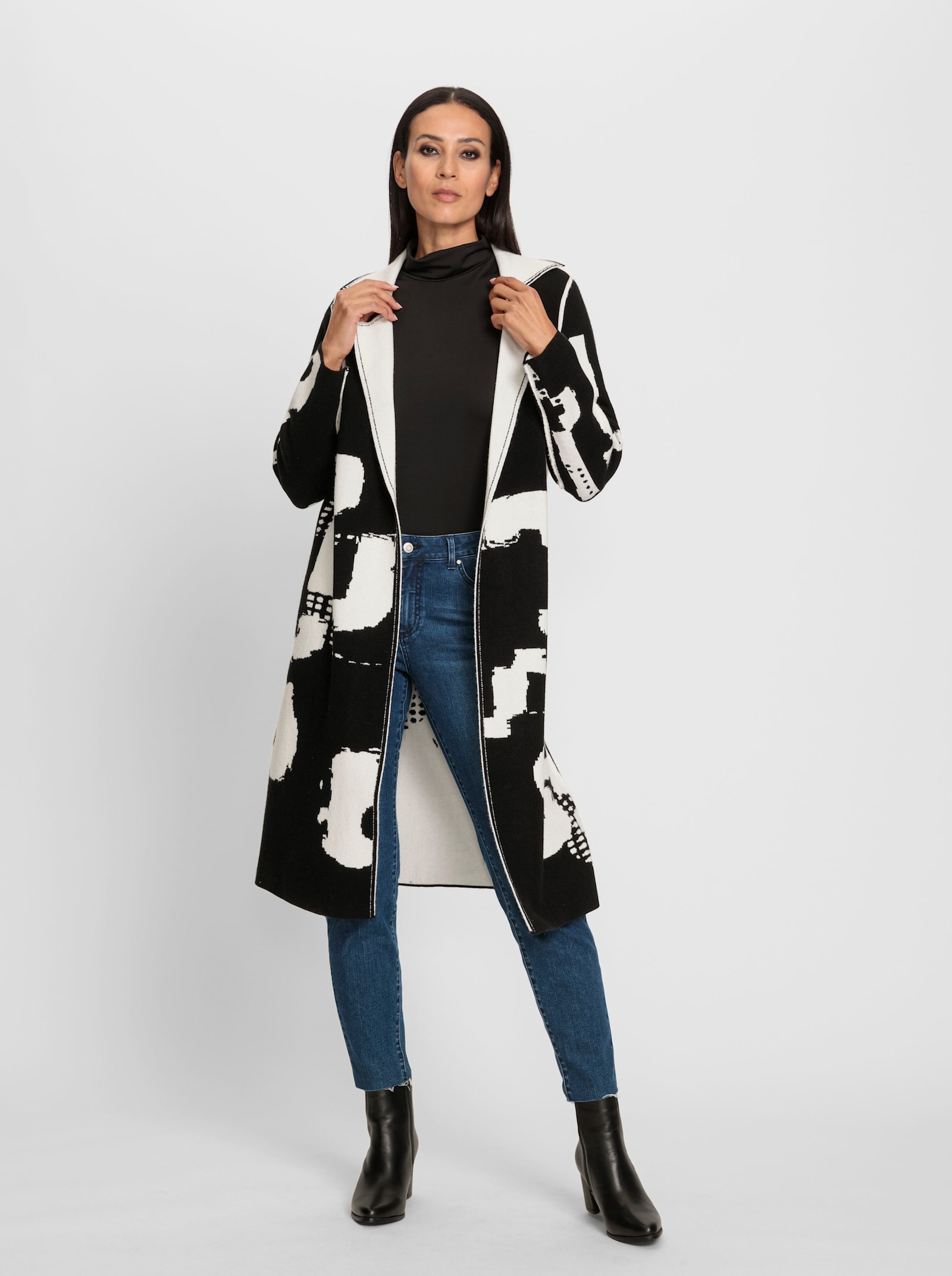 heine Gebreide mantel met reverskraag - zwart/ecru gedessineerd