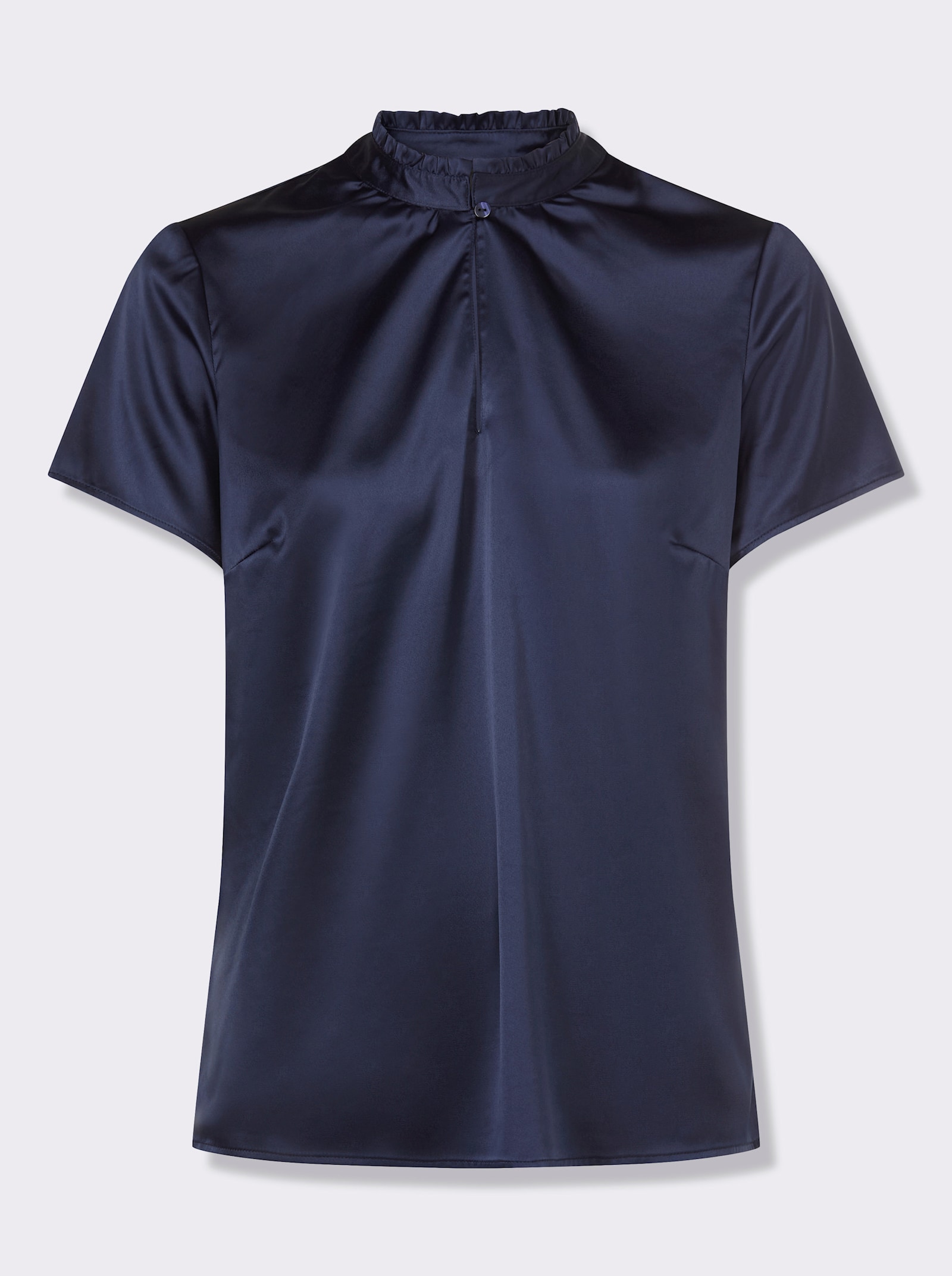 Satinbluse mit Rüschen am Stehkragen - marine