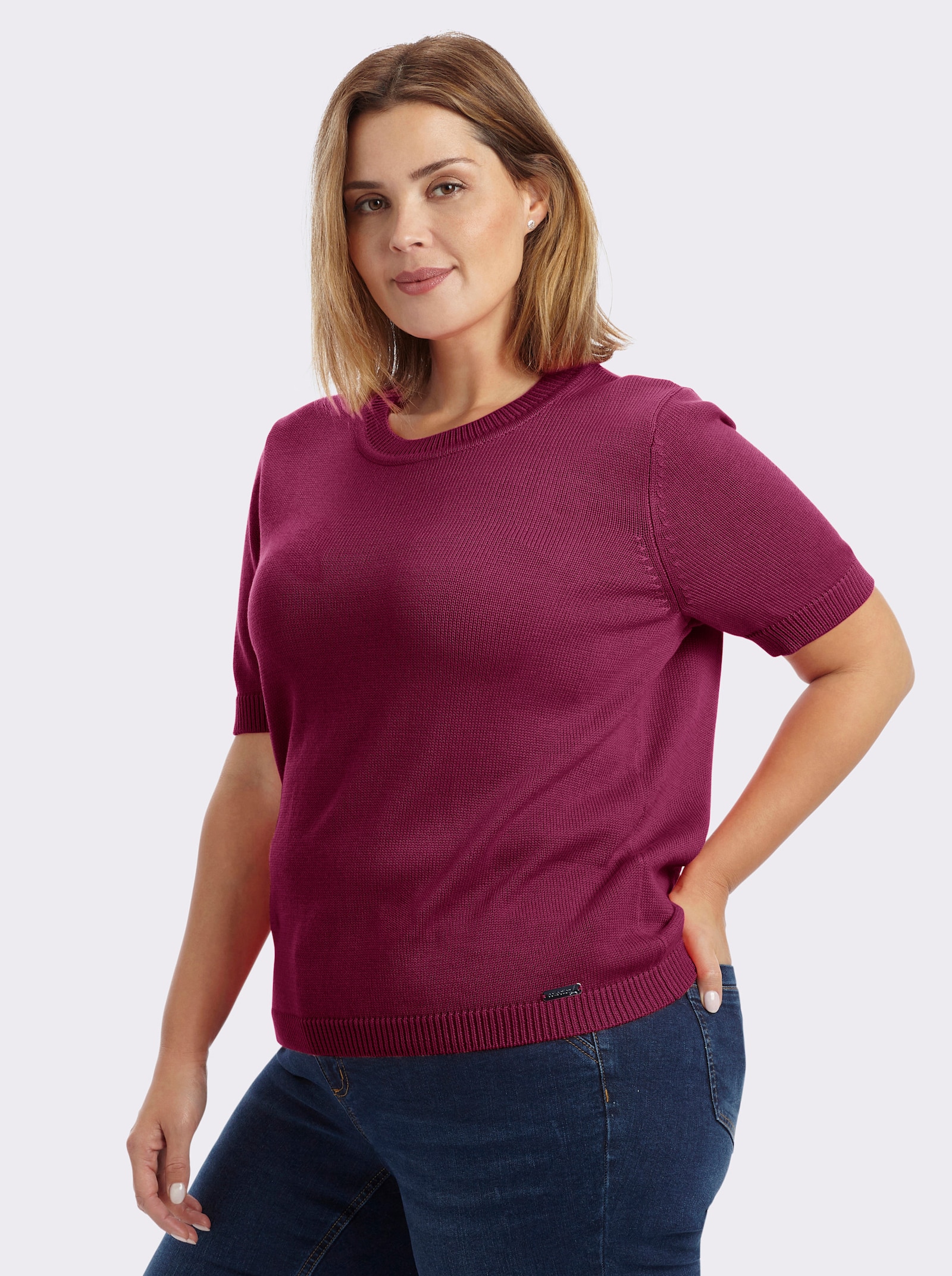 Kurzarmpullover mit Rippabschlüssen - fuchsia