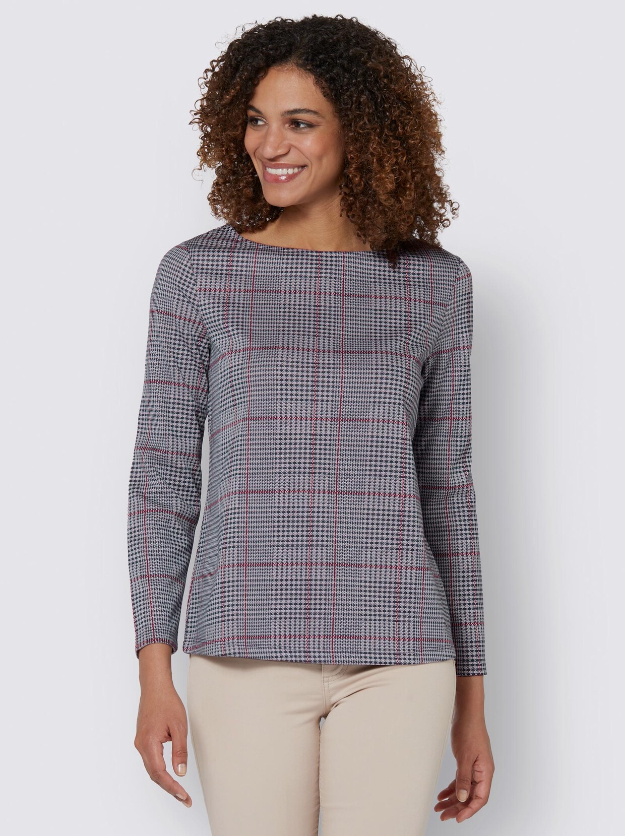 Langarmshirt - rauchblau-rot-kariert