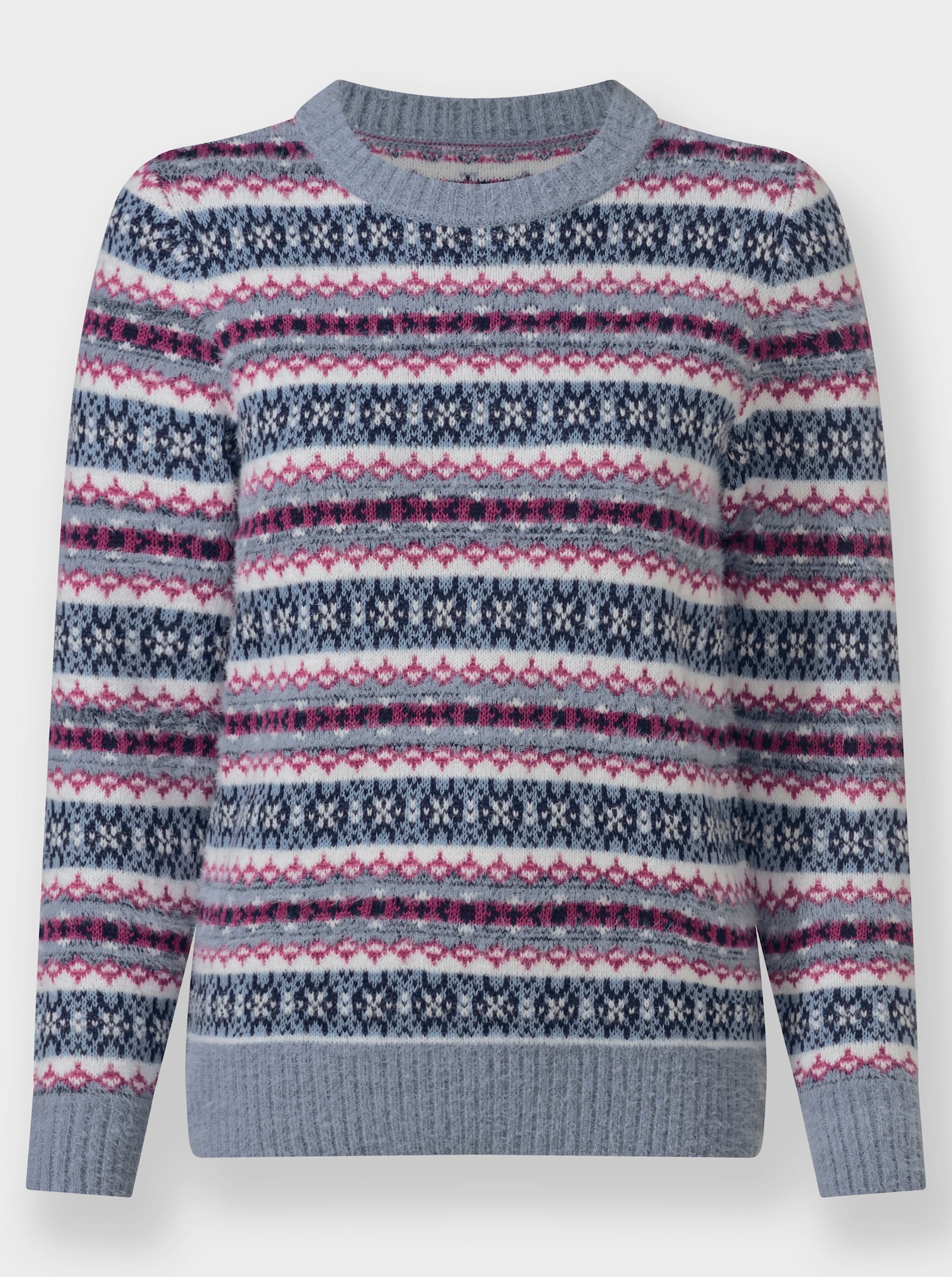 Jacquardpullover mit Merino Anteil - taubenblau-erika-gemustert