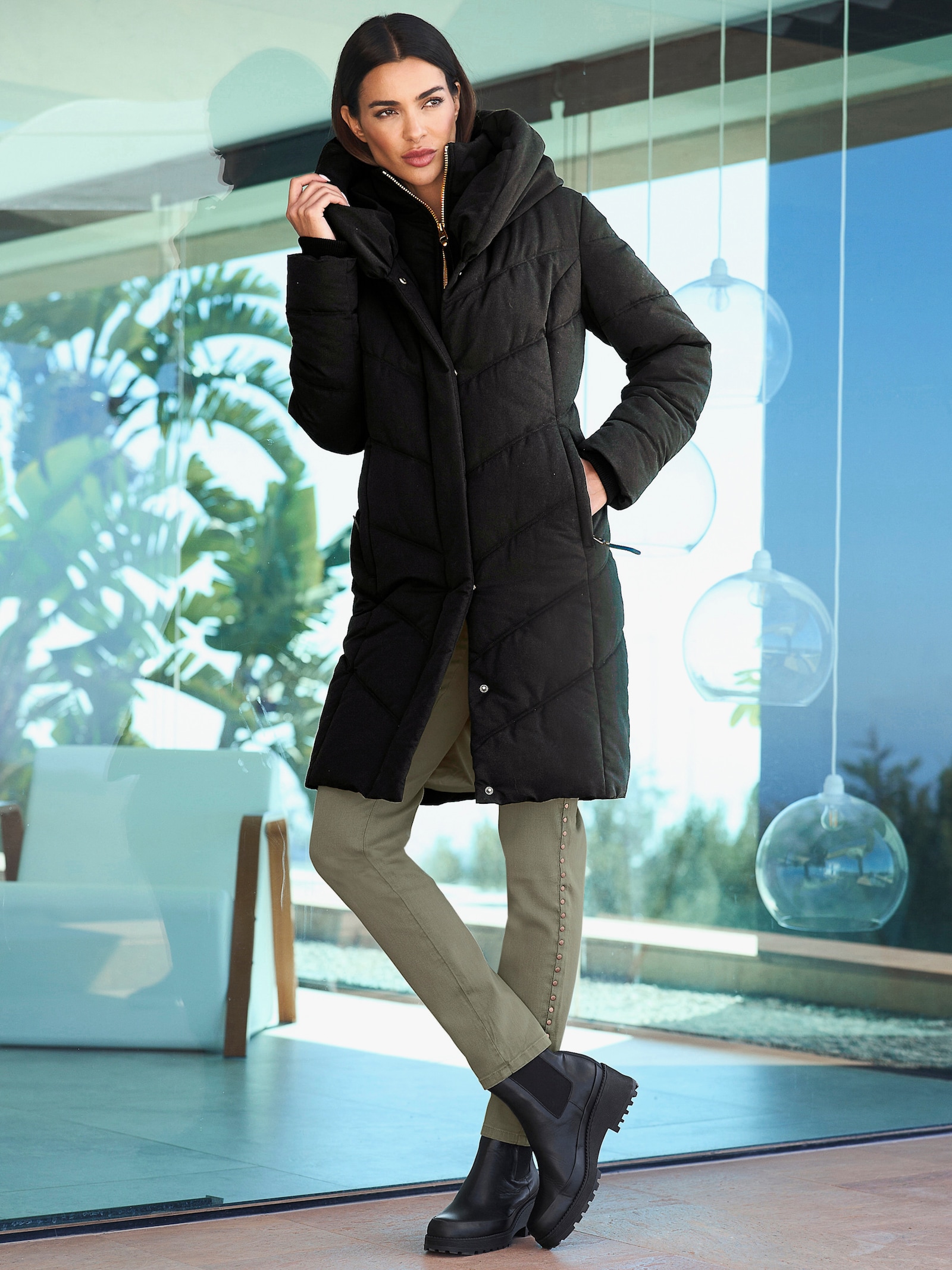 heine Doorgestikte mantel met capuchon en inzet - zwart