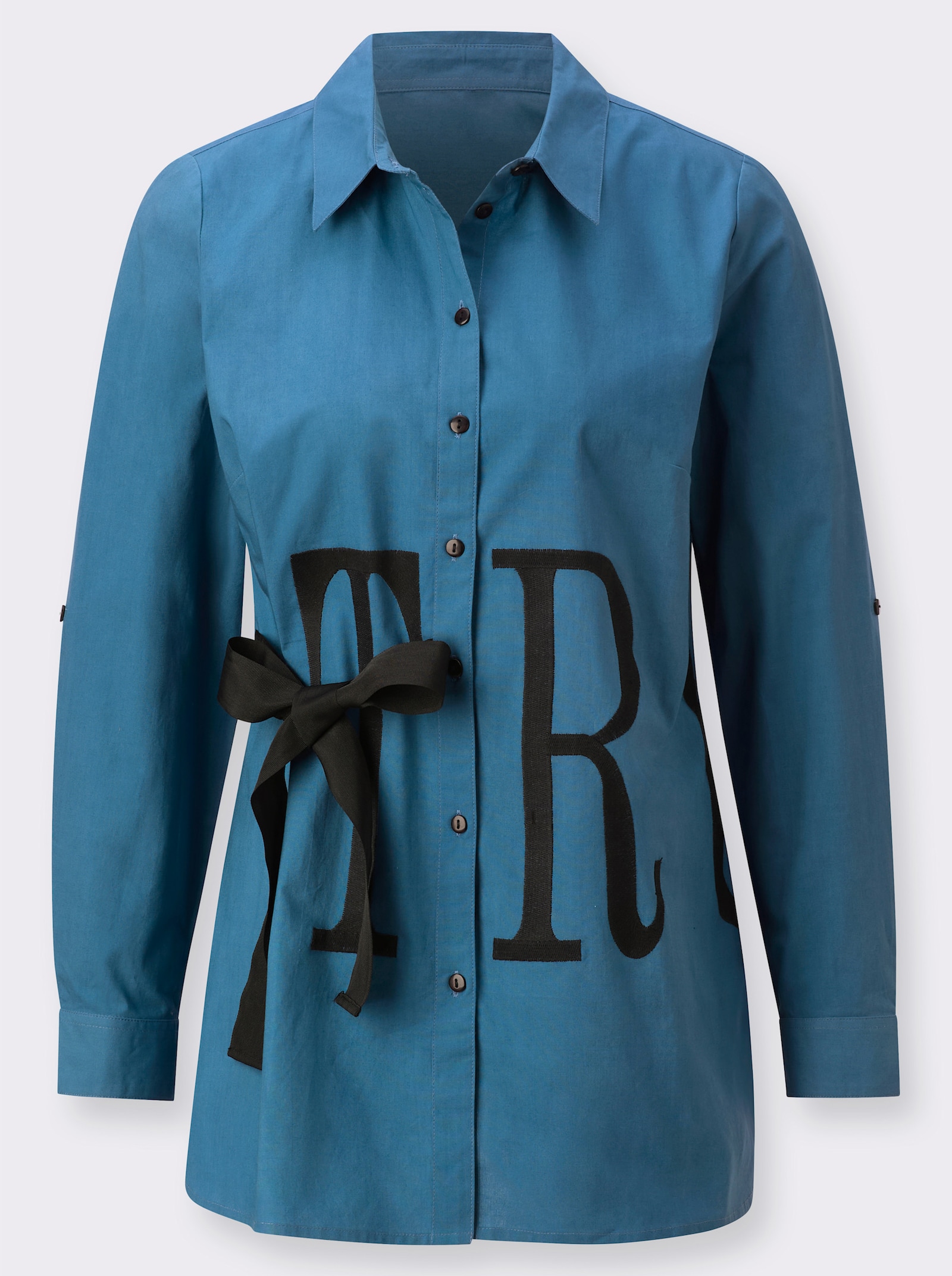 Longbluse mit Stickerei-Schriftzug - topas-schwarz