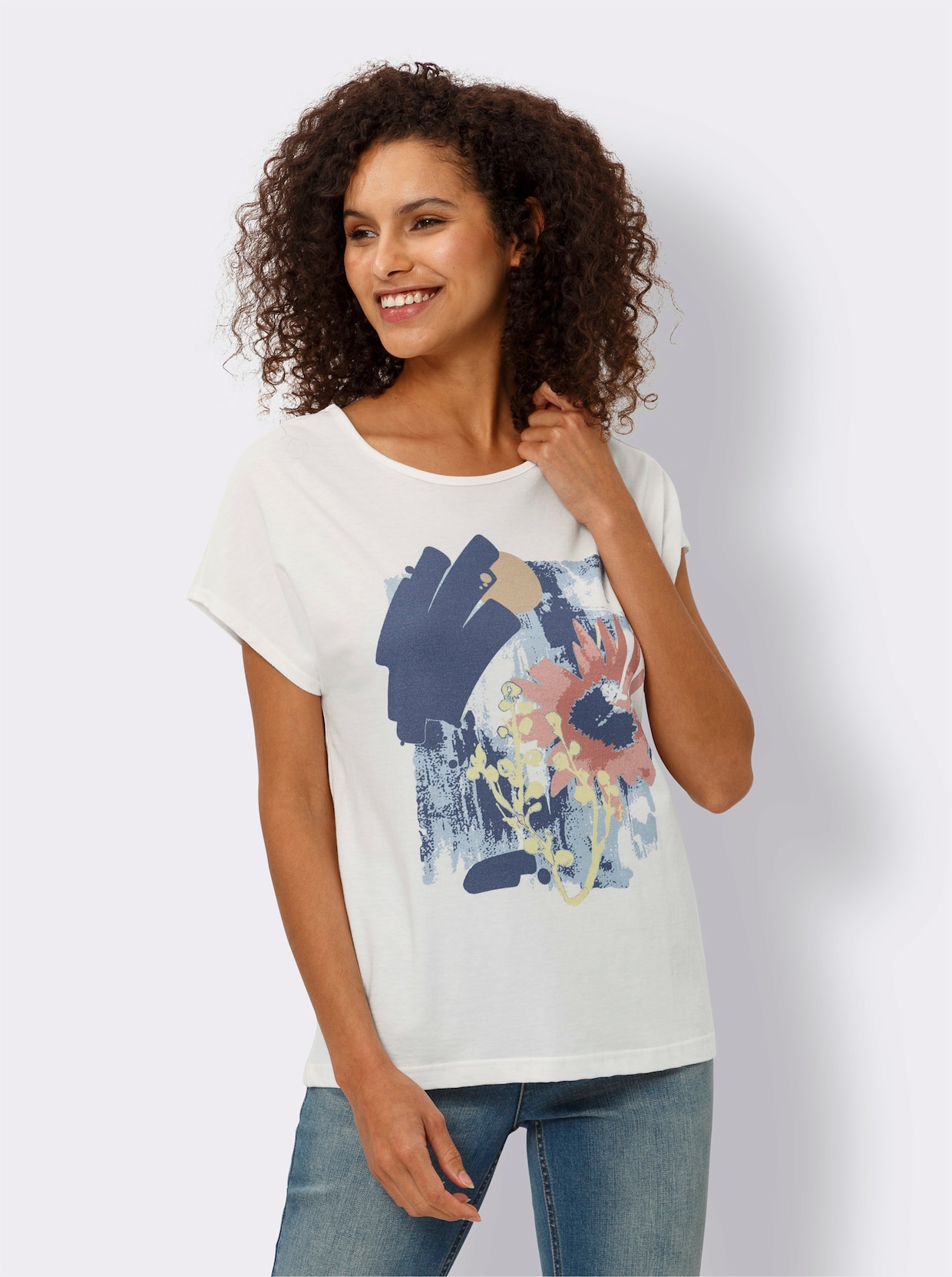 heine Shirt met korte mouwen - ecru/jeansblauw bedrukt