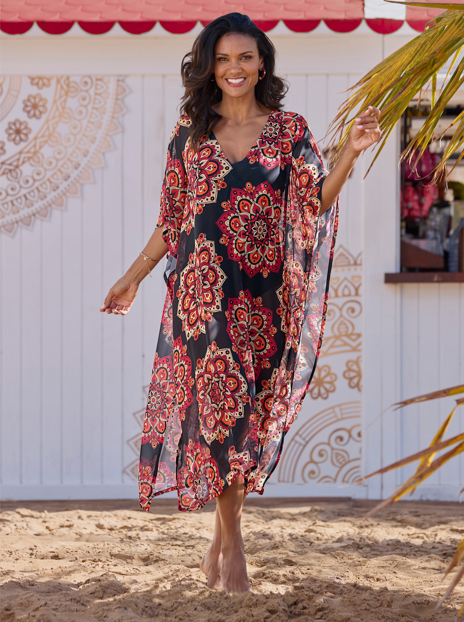 feel good Kaftan mit V-Ausschnitt - schwarz-rot-bedruckt