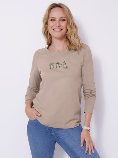 Rundhalsshirt mit Katzen-Motiv - sesam-sand