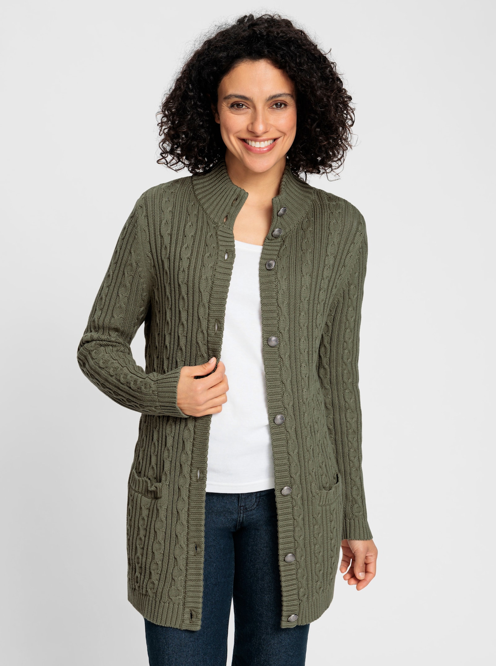 Longstrickjacke mit Zopfmuster - khaki
