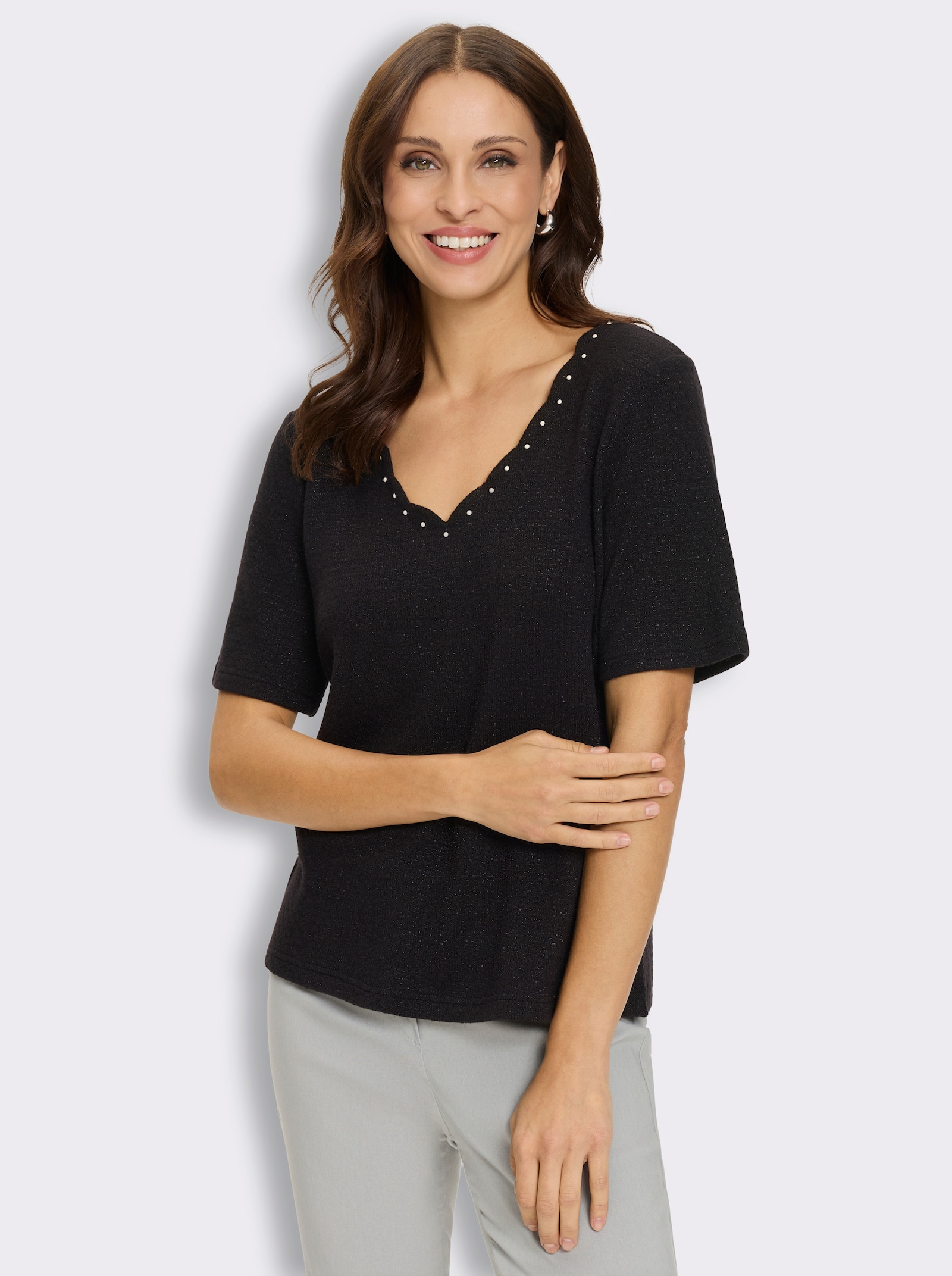 Kurzarmshirt mit Zierperlen - schwarz