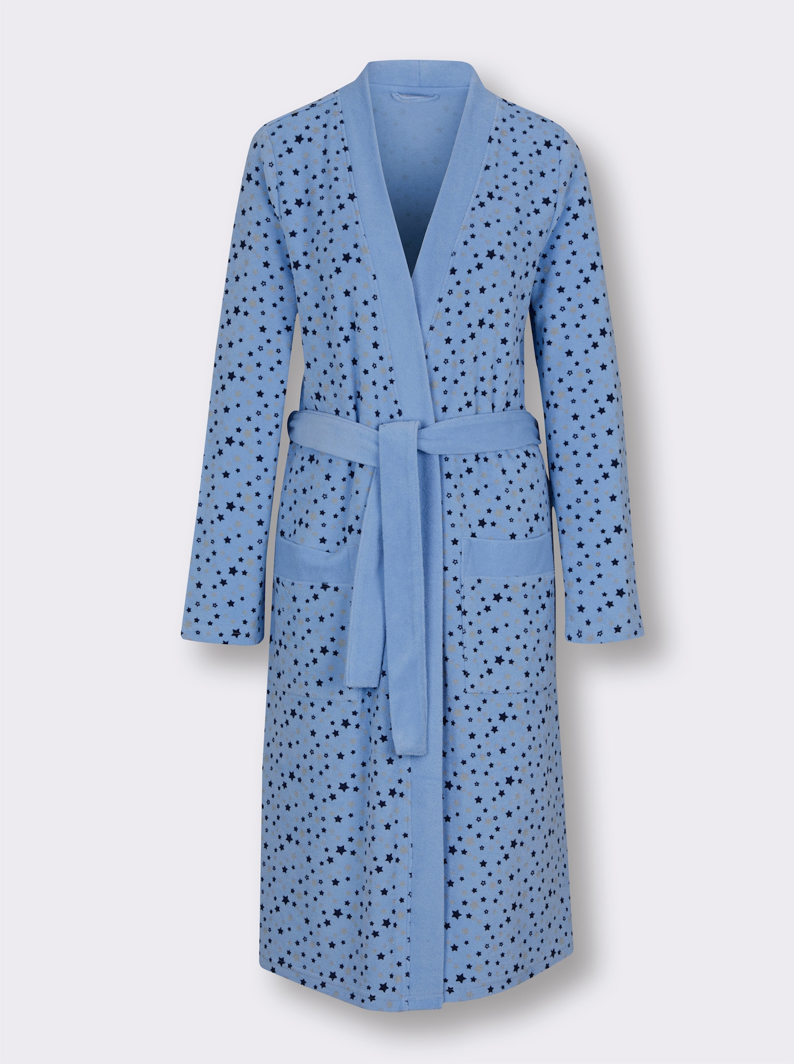 feel good Damenbademantel mit Sternenmuster - himmelblau-marine-bedruckt