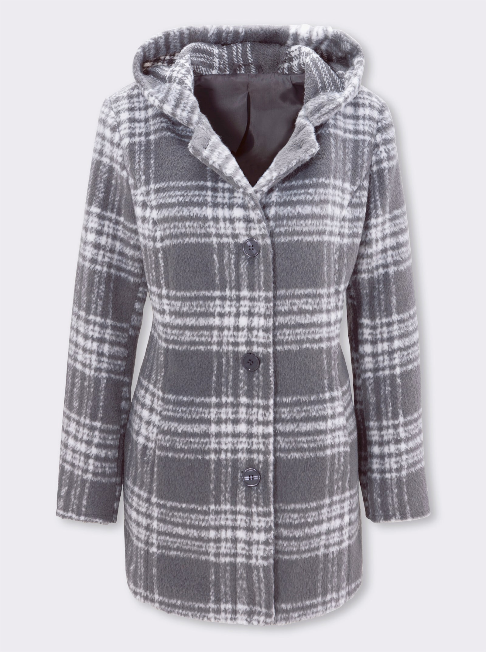 Outdoorjacke in schmeichelnder Longform - anthrazit-ecru-kariert