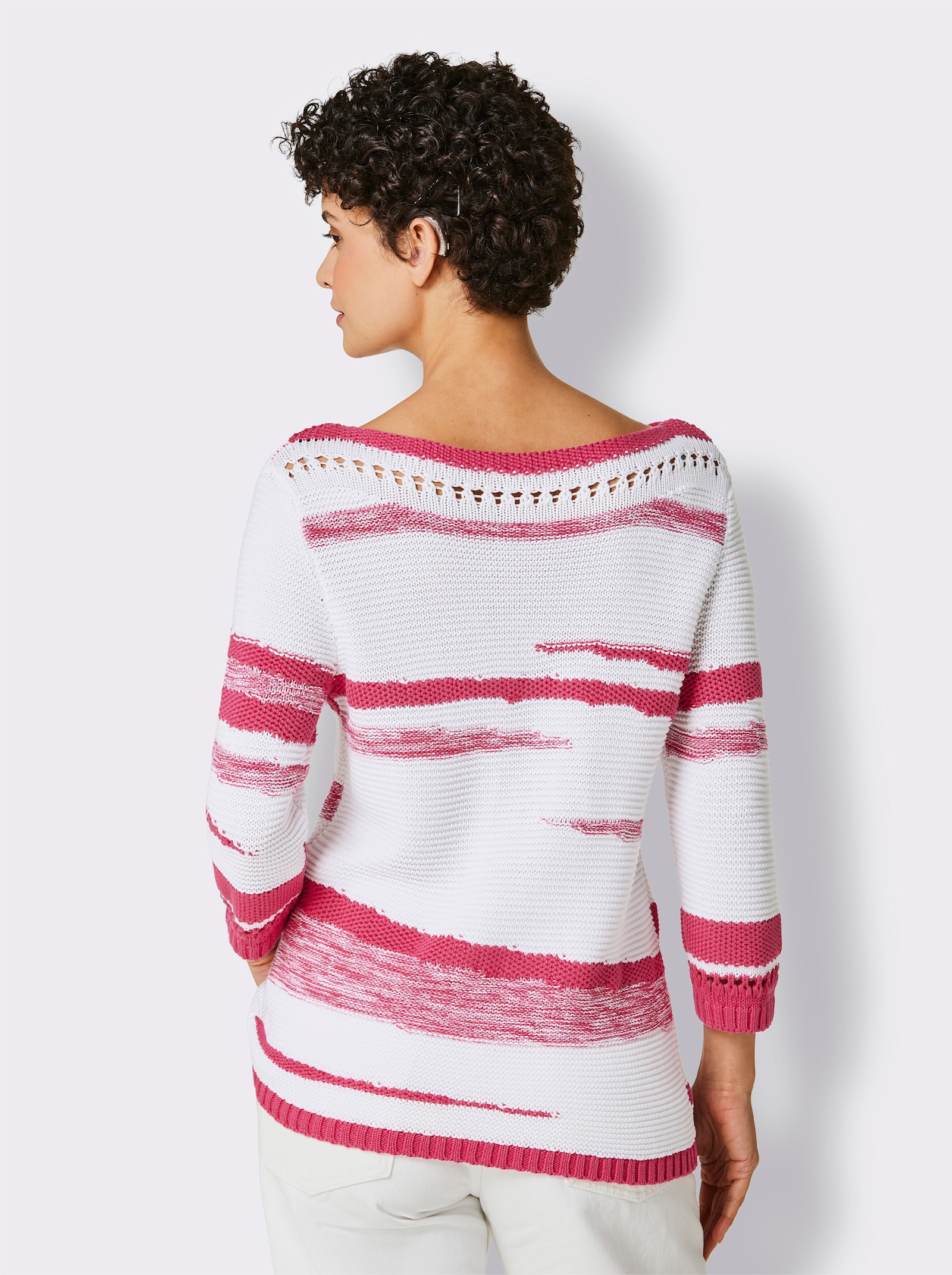 3/4 Arm-Pullover mit Lochmuster - weiss-pink-gemustert