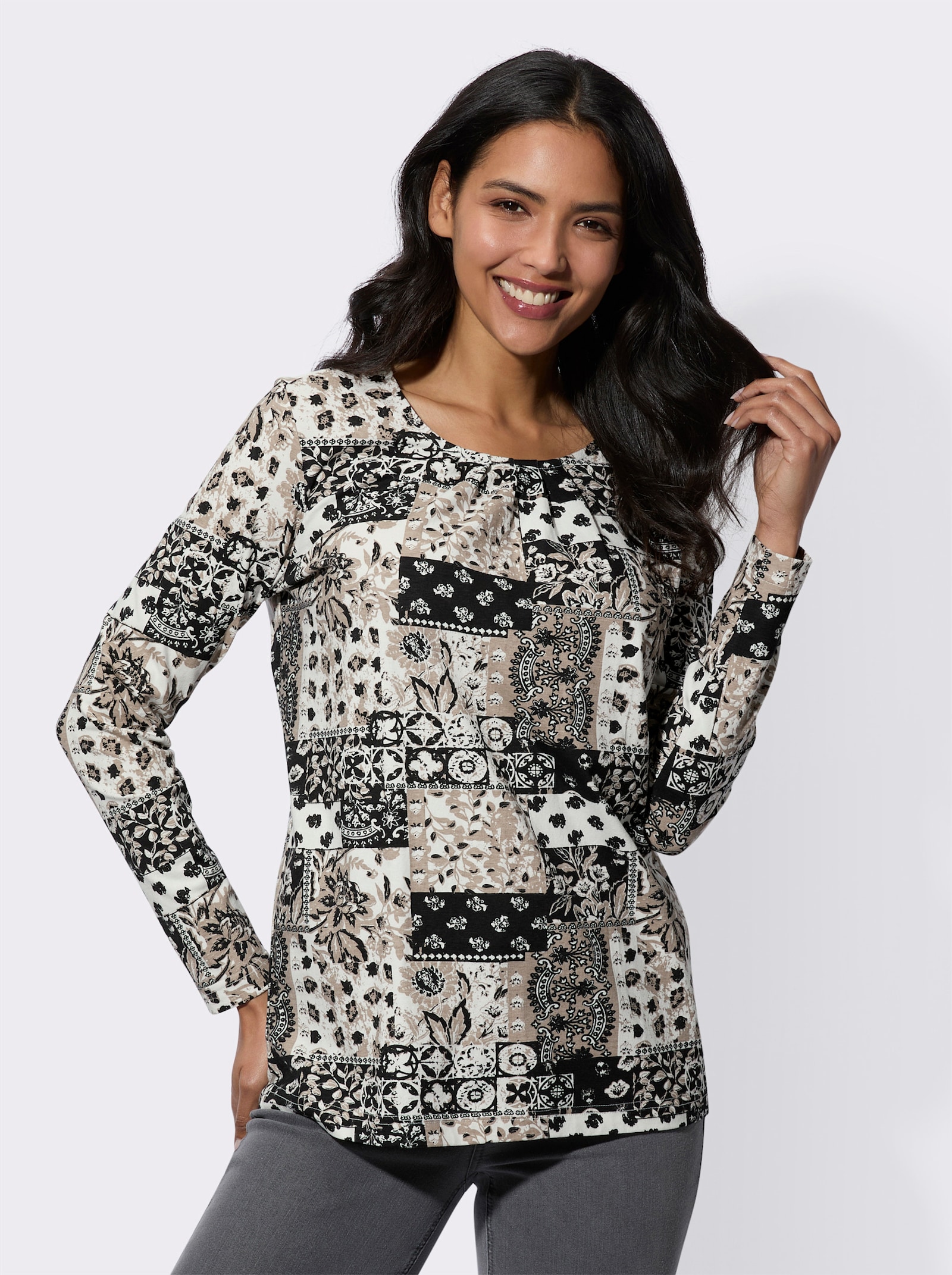 Langarmshirt im Patchwork-Look - schwarz-ecru-bedruckt