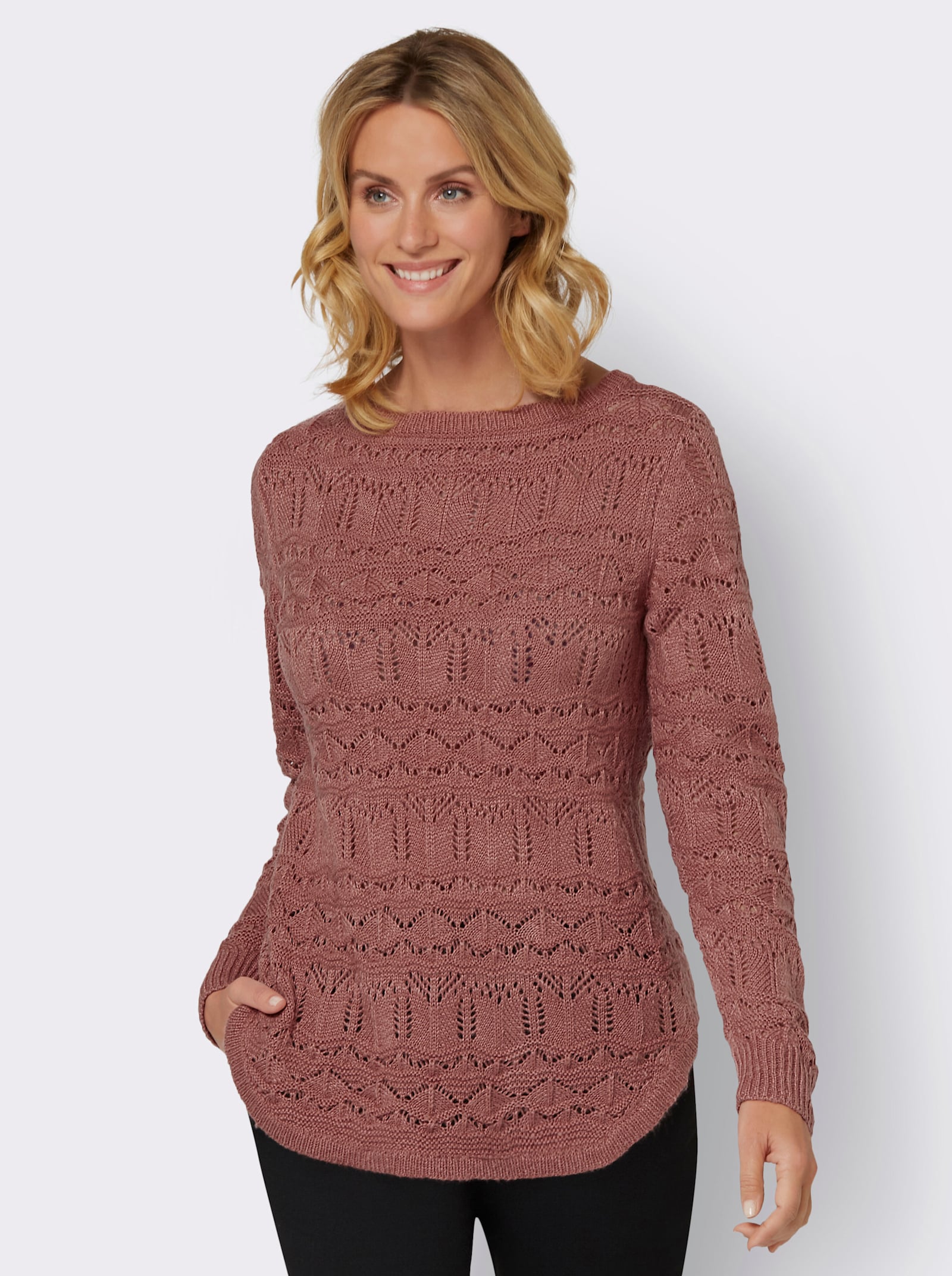 Ajourpullover mit abgerundetem Saum - rosenholz