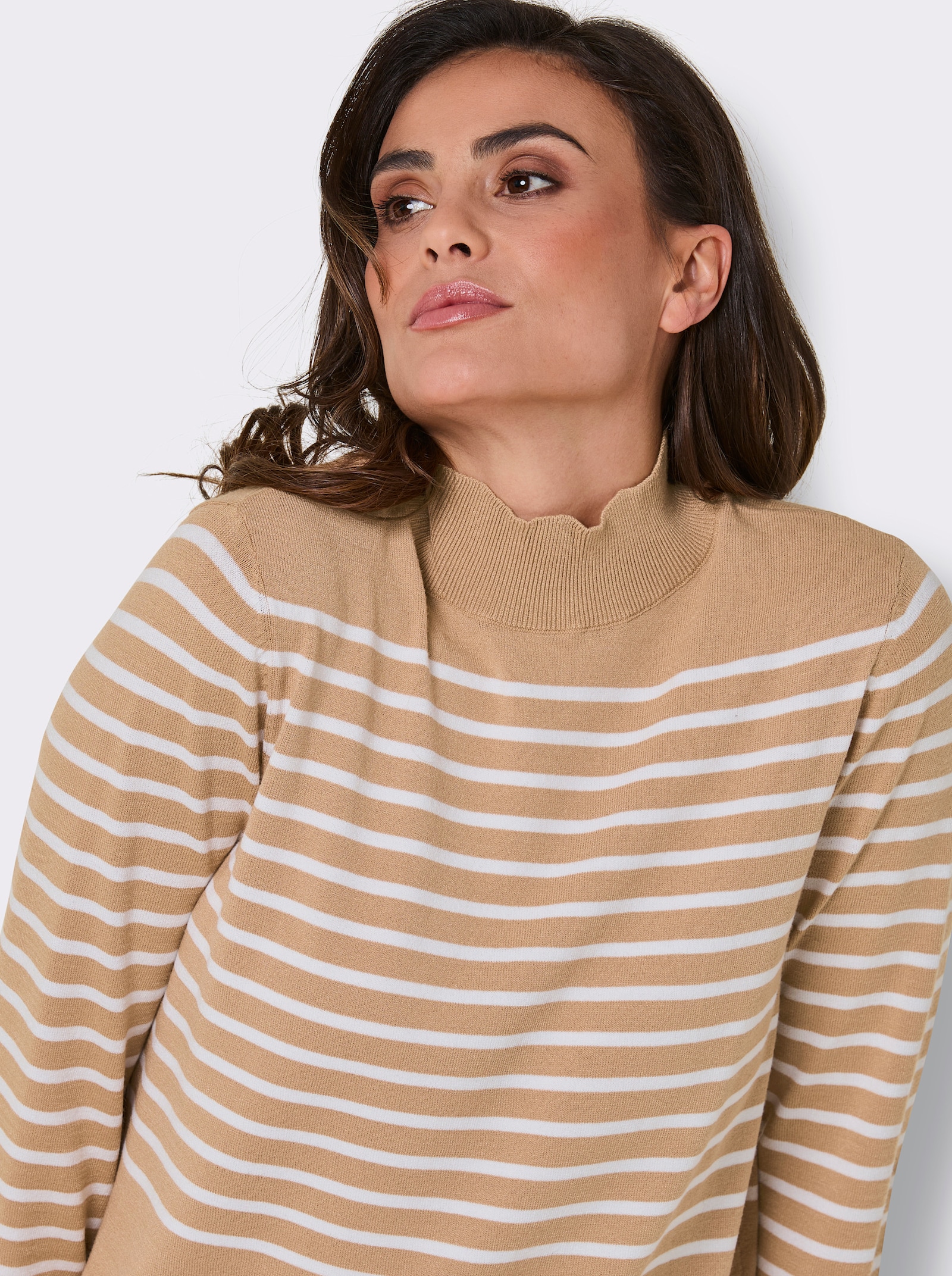 CREATION L PREMIUM Feinstrickpullover mit Wellenkante - camel-ecru-geringelt