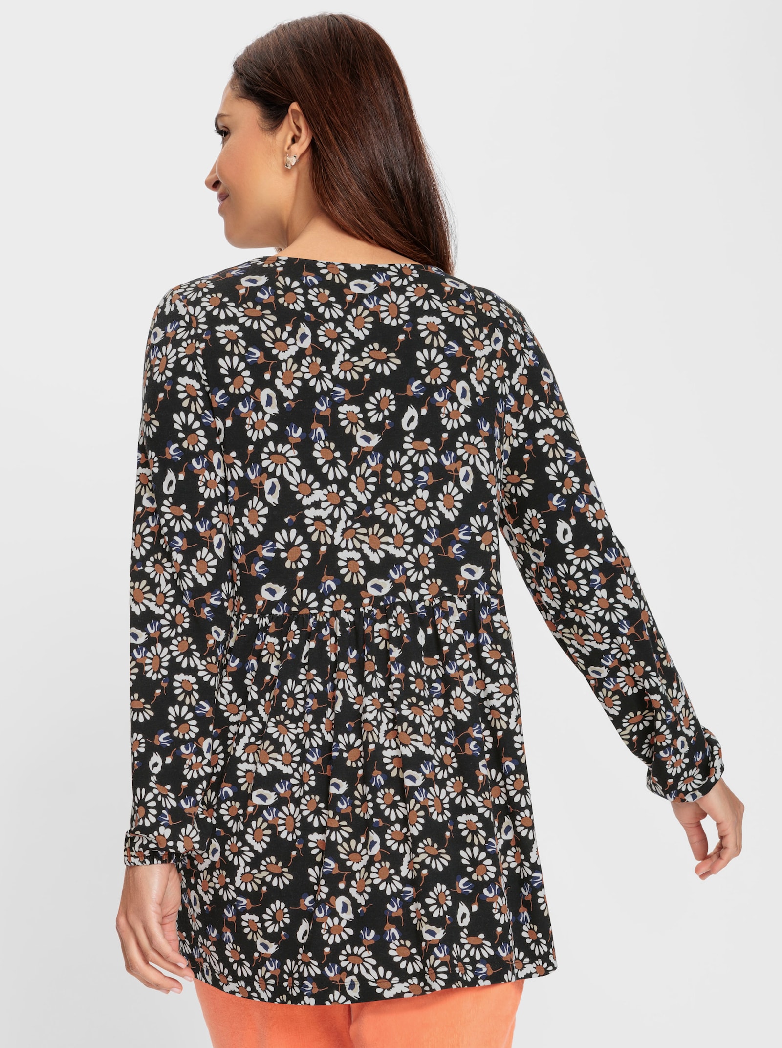Tunikashirt in A-Linie - schwarz-papaya-bedruckt