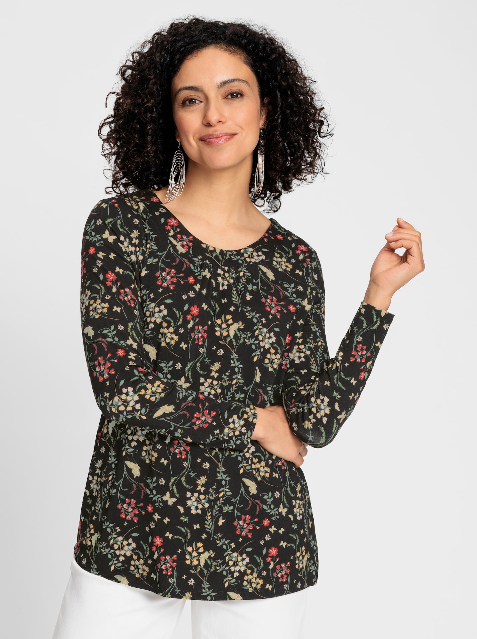 Tunikashirt mit floralem Druck - schwarz-ocker-bedruckt