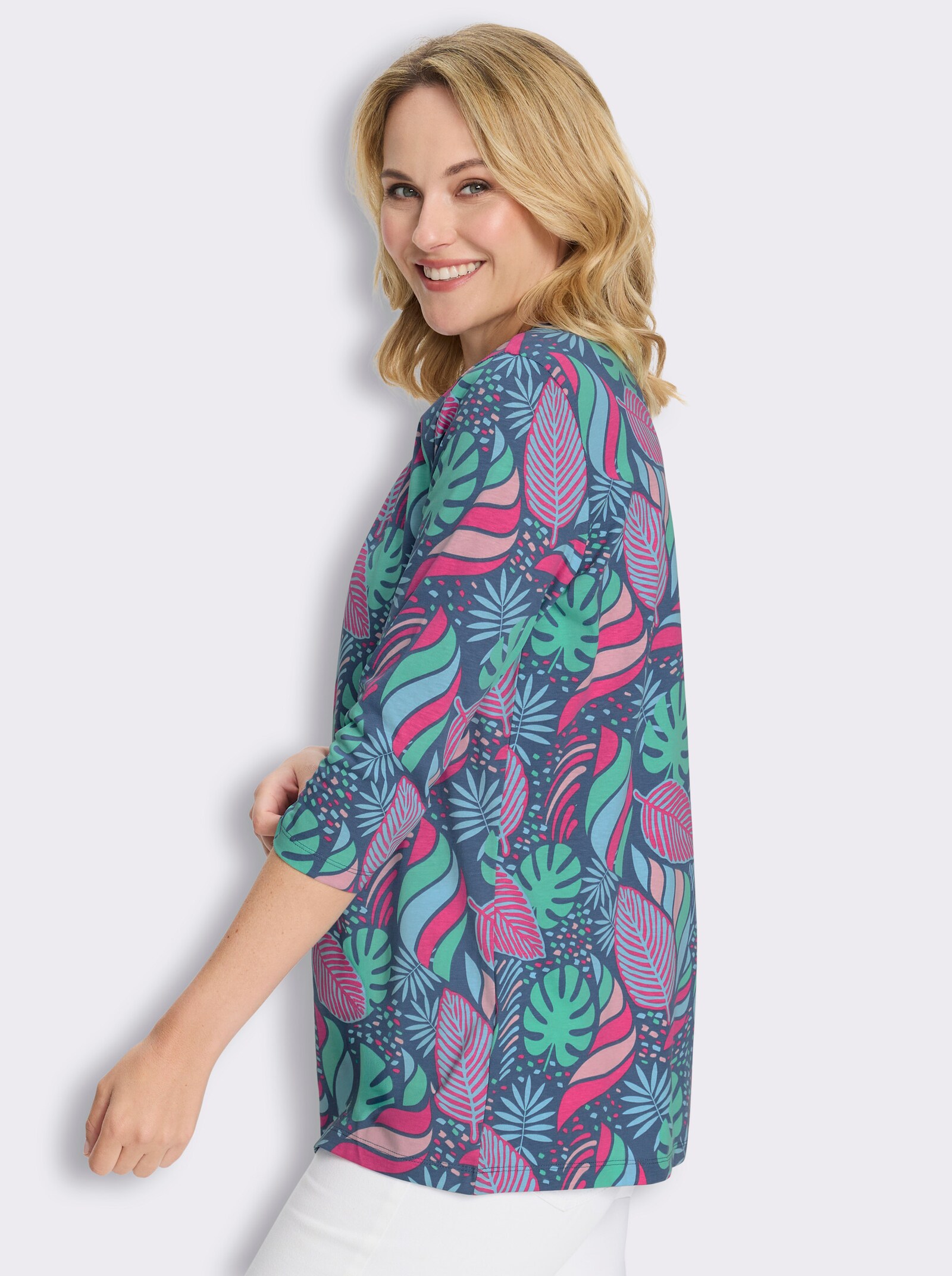 Longshirt in ausgestellter A-Linie - jeansblau-fuchsia-bedruckt
