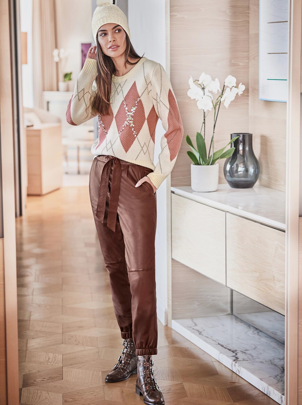Rick Cardona Pullover - champagner-flamingo-gemustert