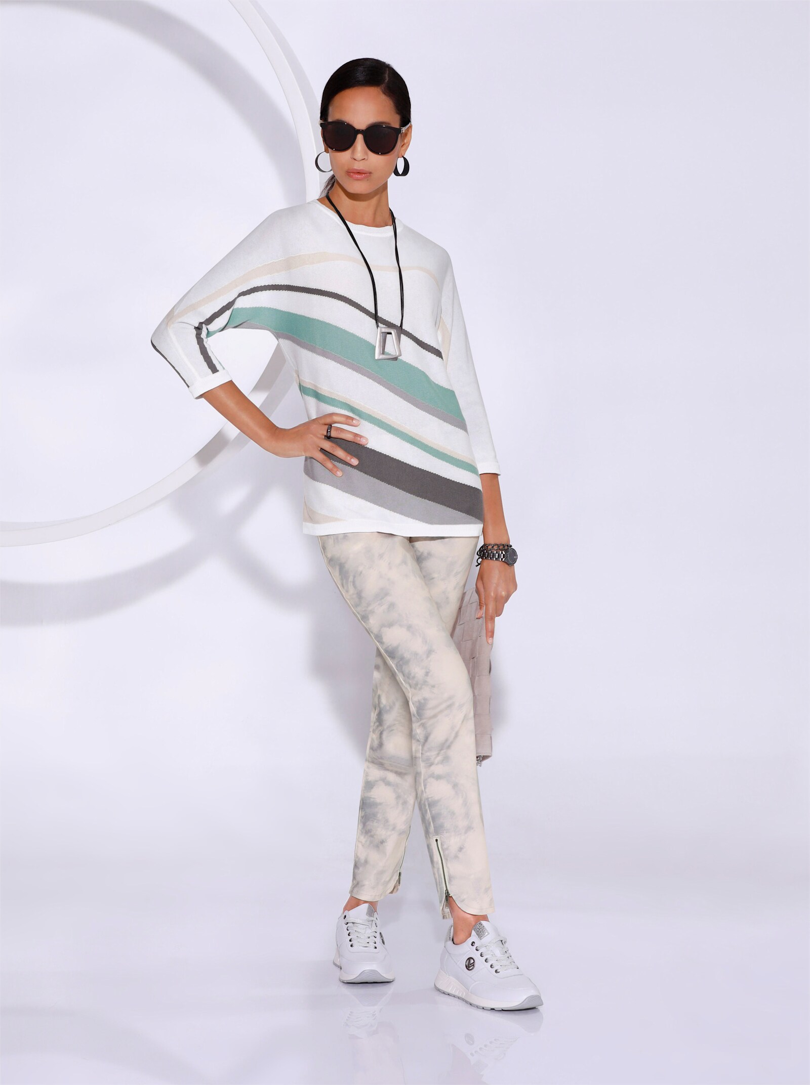 3/4 Arm-Pullover mit grafischem Intarsienmuster - elfenbein-salbei-bedruckt