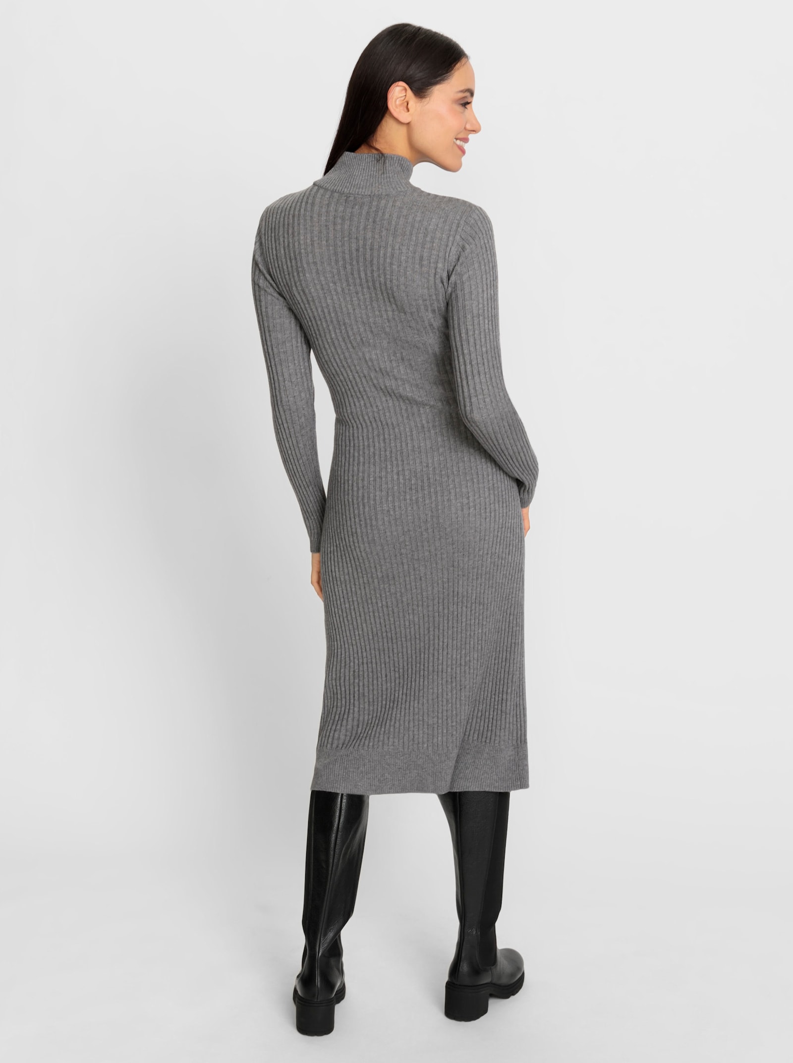 heine Strickkleid mit fixiertem Bindegürtel - grau-champagner-meliert