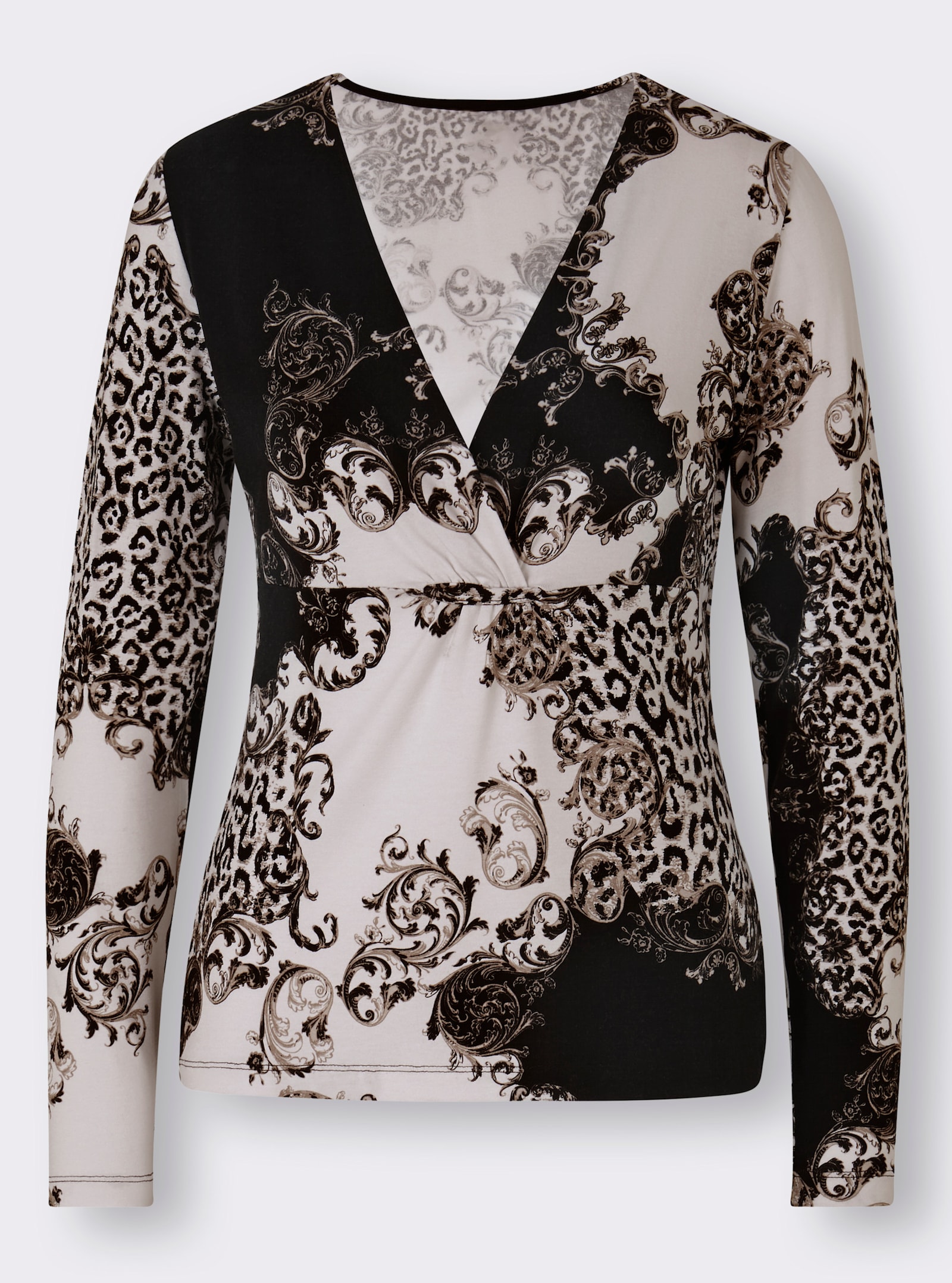 heine Langarmshirt mit Wickel-Effekt - ecru-schwarz-bedruckt