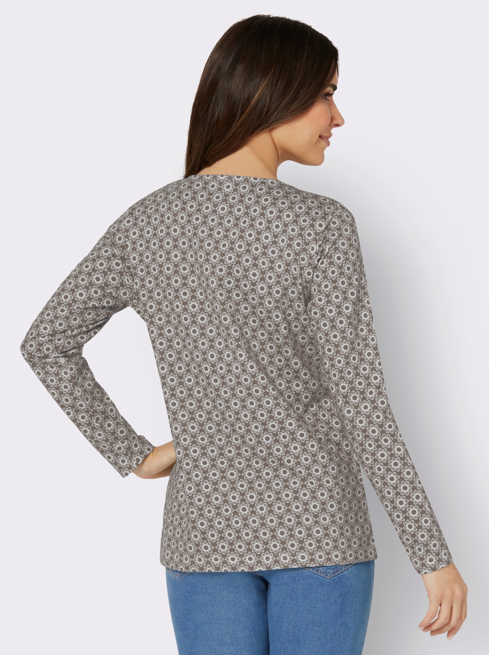 Langarmshirt im Minimal-Dessin - taupe-ecru-bedruckt
