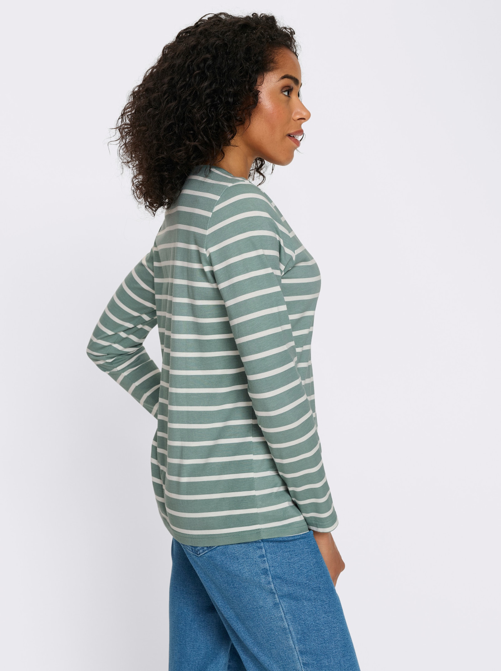 Langarmshirt mit Patch im Vorderteil, geringelt - jade-ecru-geringelt