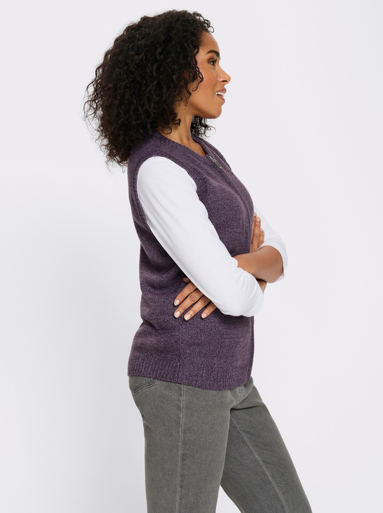 Mouwloos vest van gemêleerd garen - vijg/aubergine gemêleerd