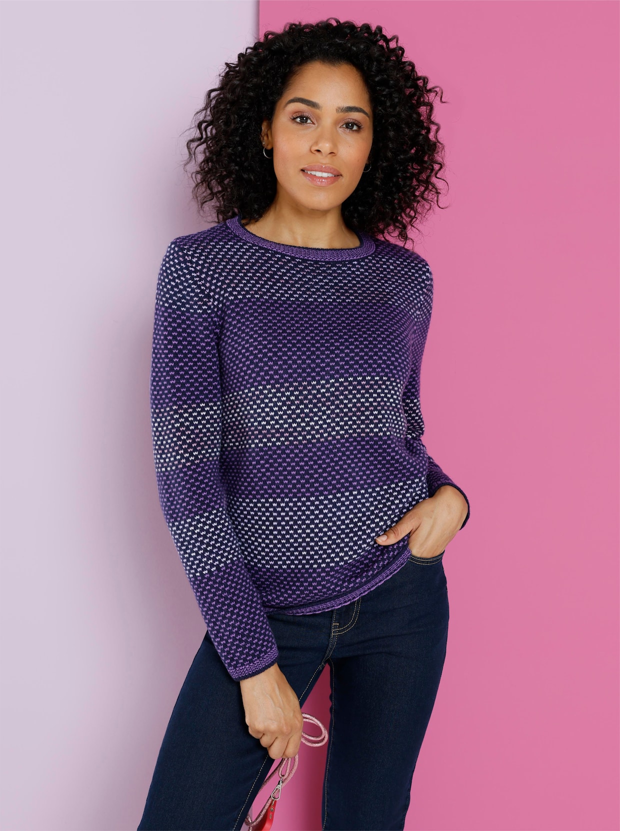 Langarm-Pullover - lila-marine-gemustert