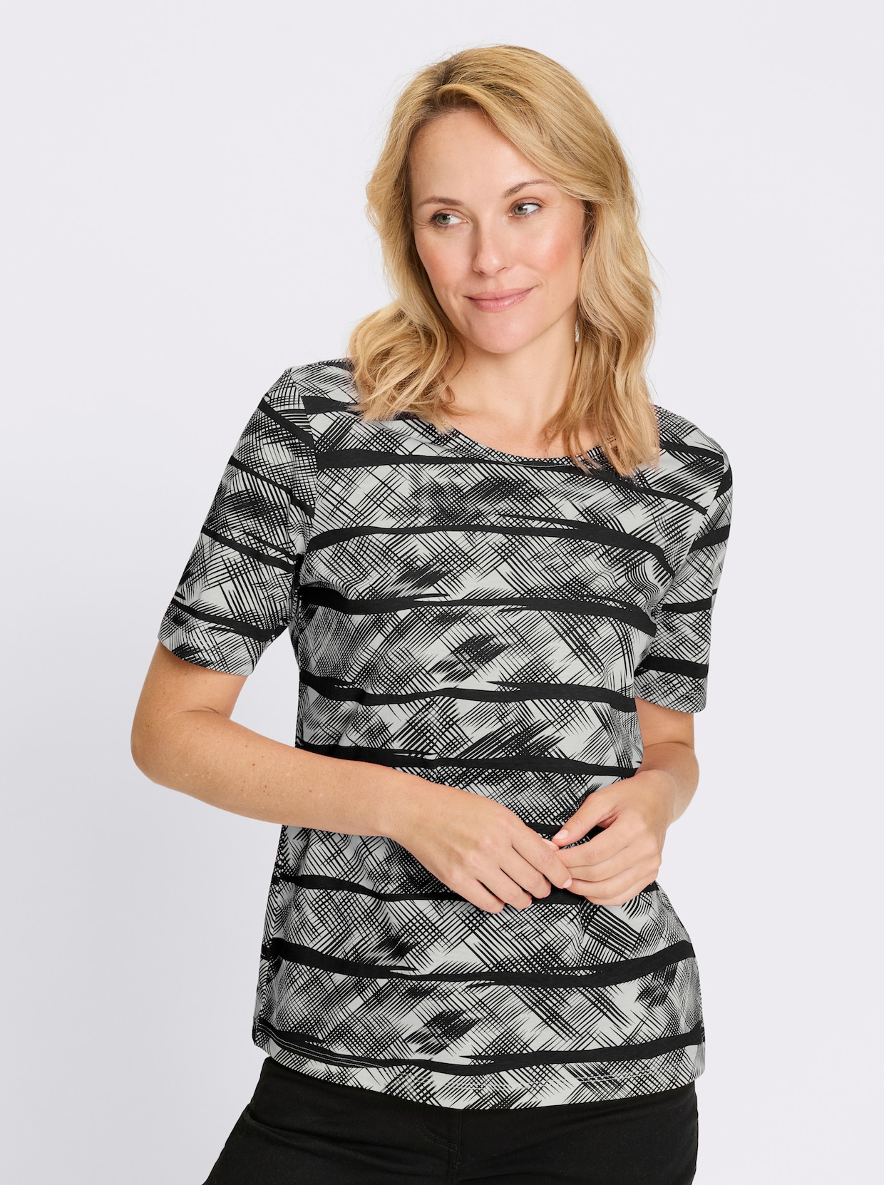 Kurzarmshirt - schwarz-ecru-bedruckt