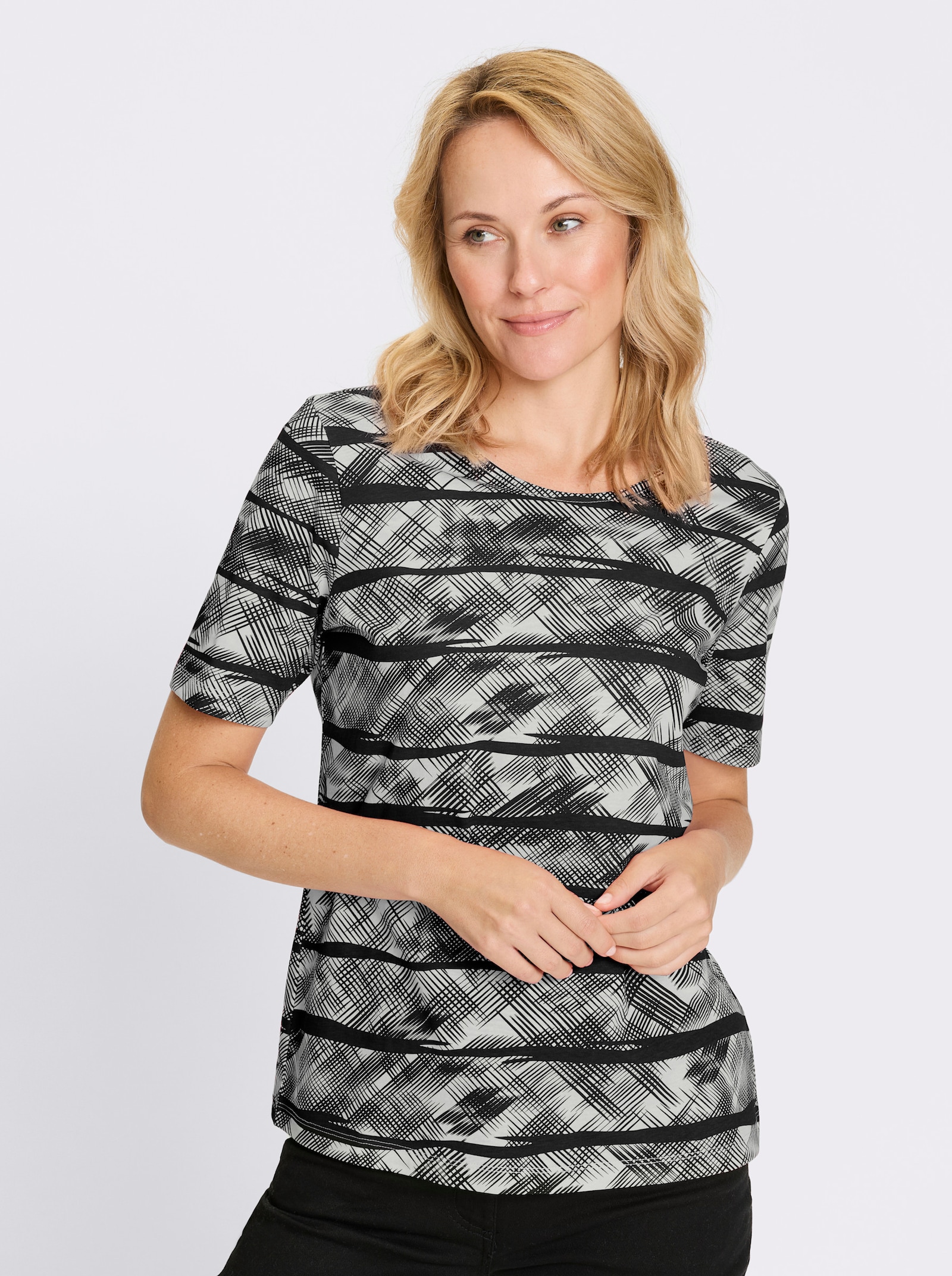 Kurzarmshirt aus reiner Baumwolle - schwarz-ecru-bedruckt