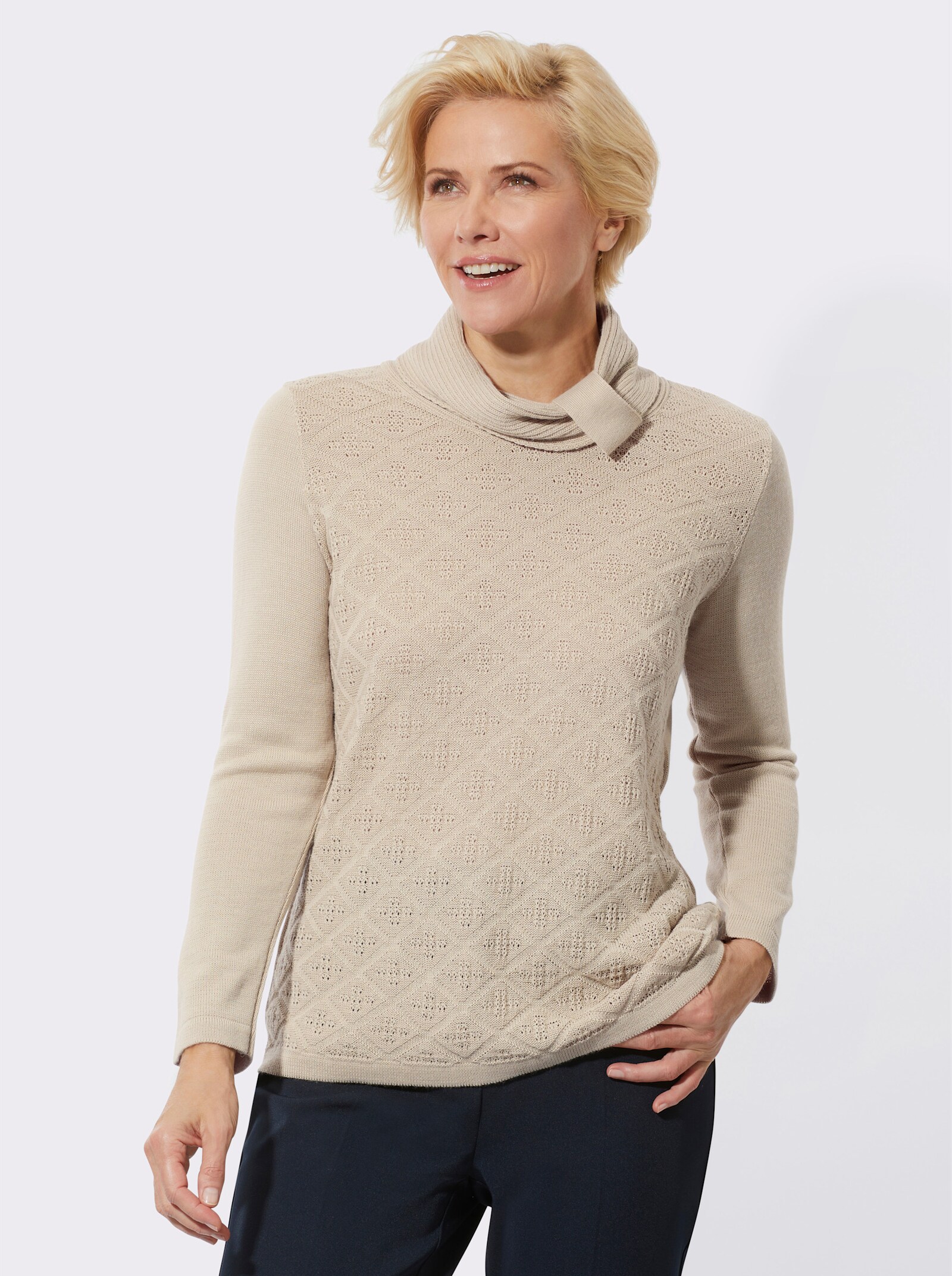 Rollkragenpullover mit halsfernem Rollkragen - sand