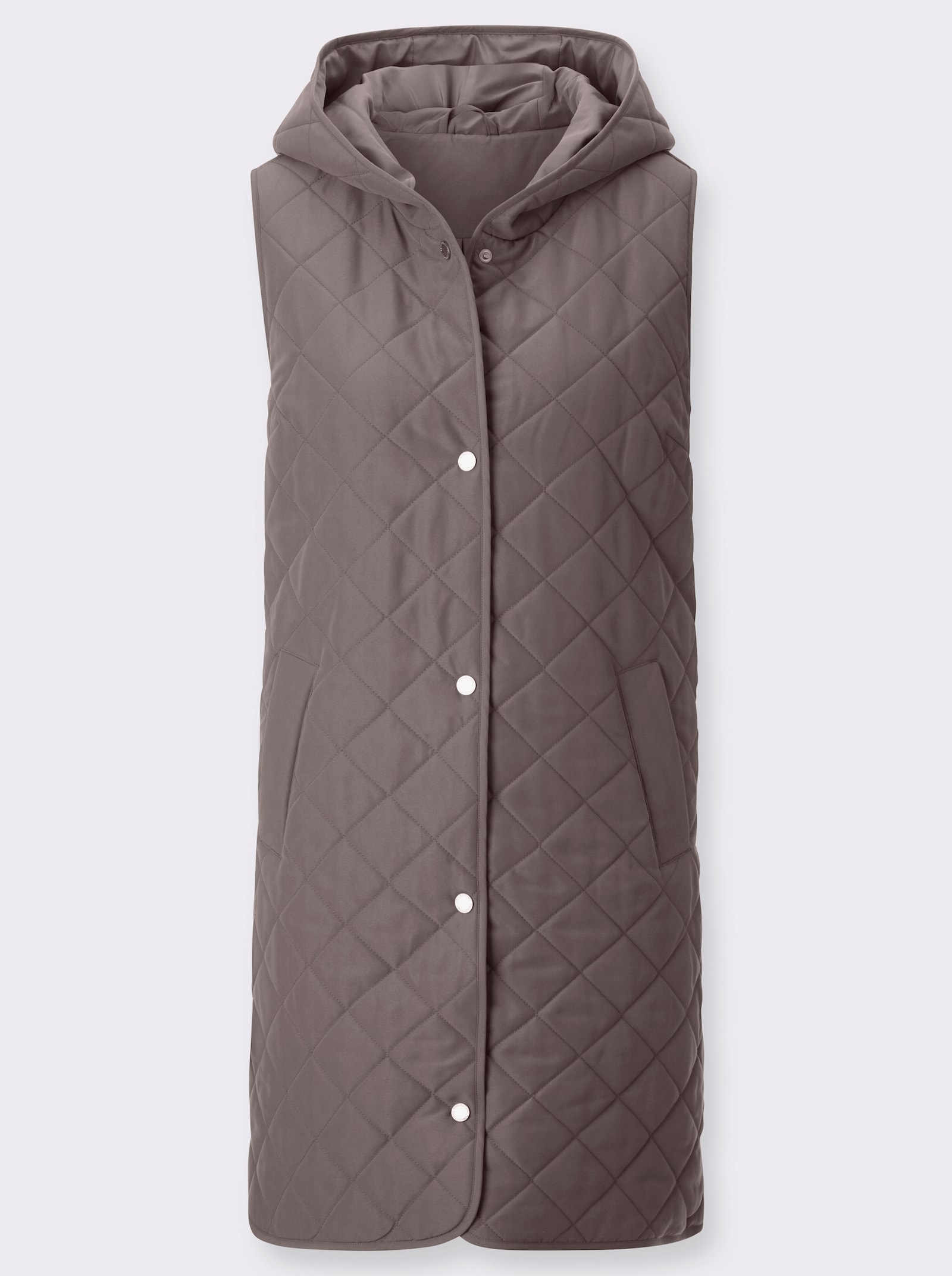 Lange bodywarmer met ruitstiksels - donkertaupe