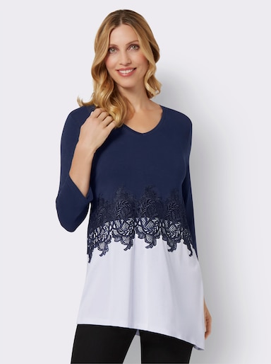 3/4-Arm-Shirt mit floraler Spitze - marine-weiß