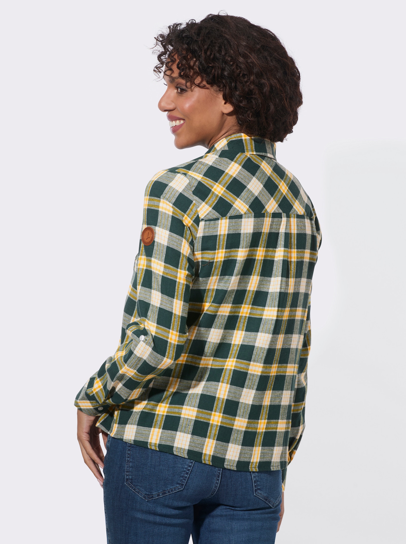  Flanellbluse mit abgerundetem Saum - moos-ecru-kariert