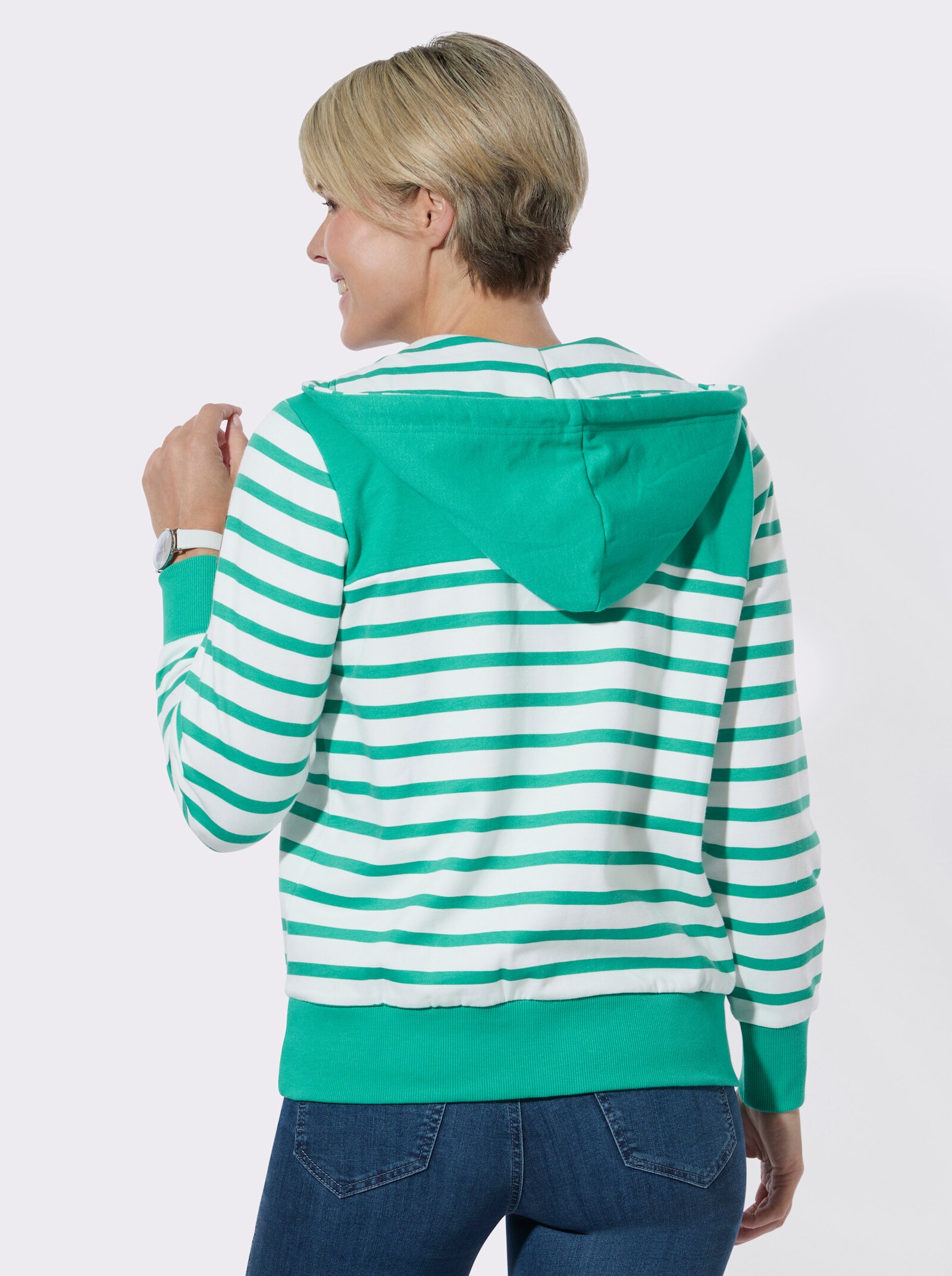 Shirtjacke mit schrägen Vordertaschen - smaragd-ecru-geringelt