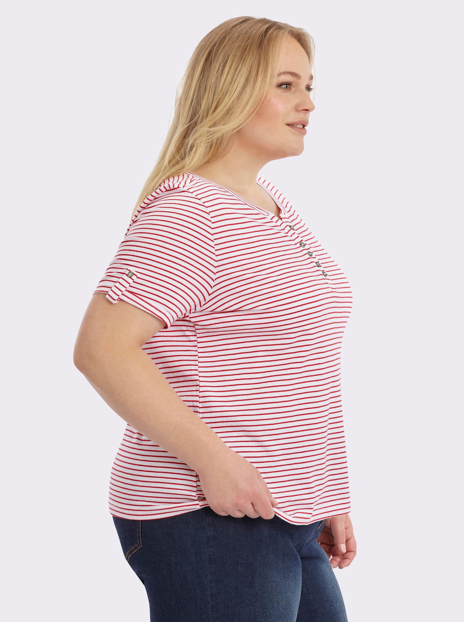 Kurzarmshirt mit fixiertem Ärmel-Aufschlag - rot-geringelt