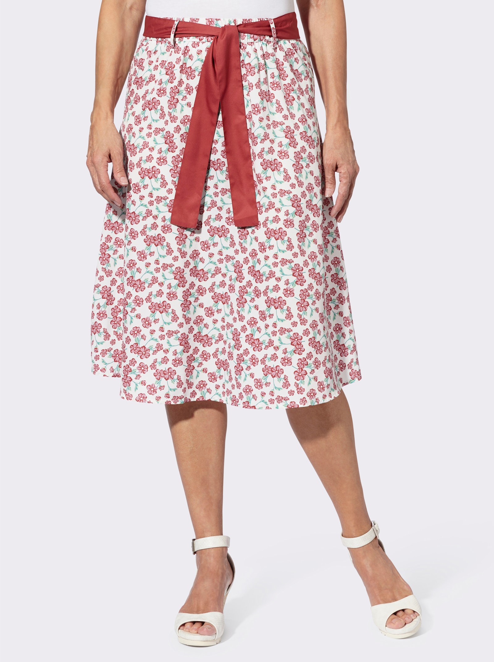 Krojová sukňa s kvetovanou potlačou - biela – červená s potlačou
