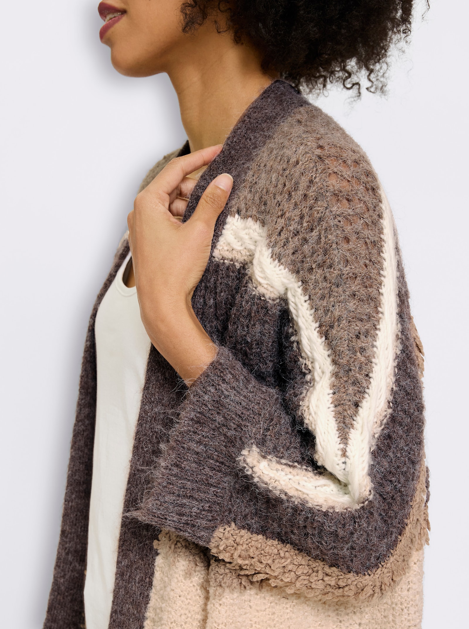 heine Cardigan van ajourtricot - donkertaupe/ecru gestreept
