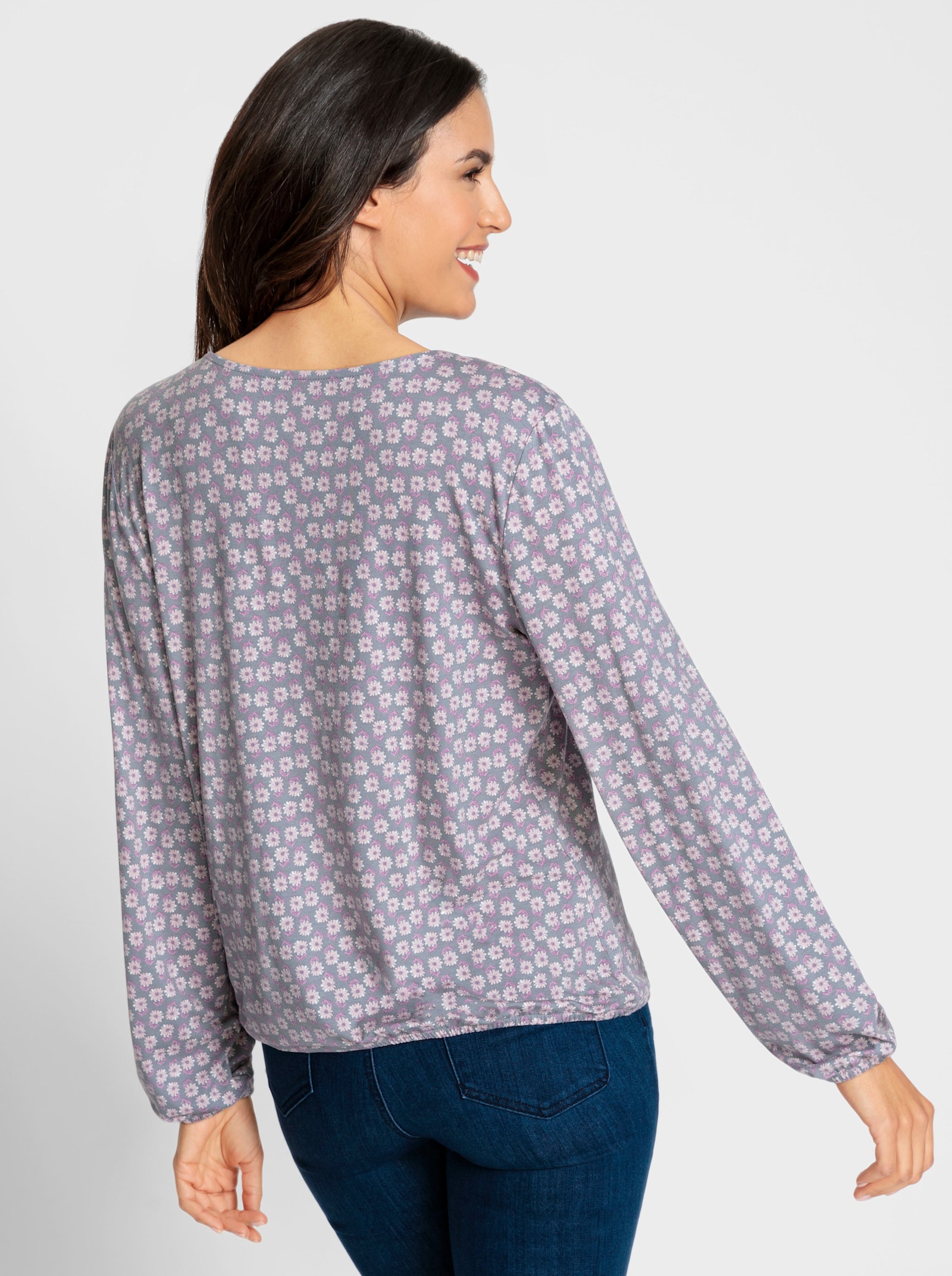 Print-Shirt mit Gummizug an Ärmeln und Saum - grau-mauve-bedruckt