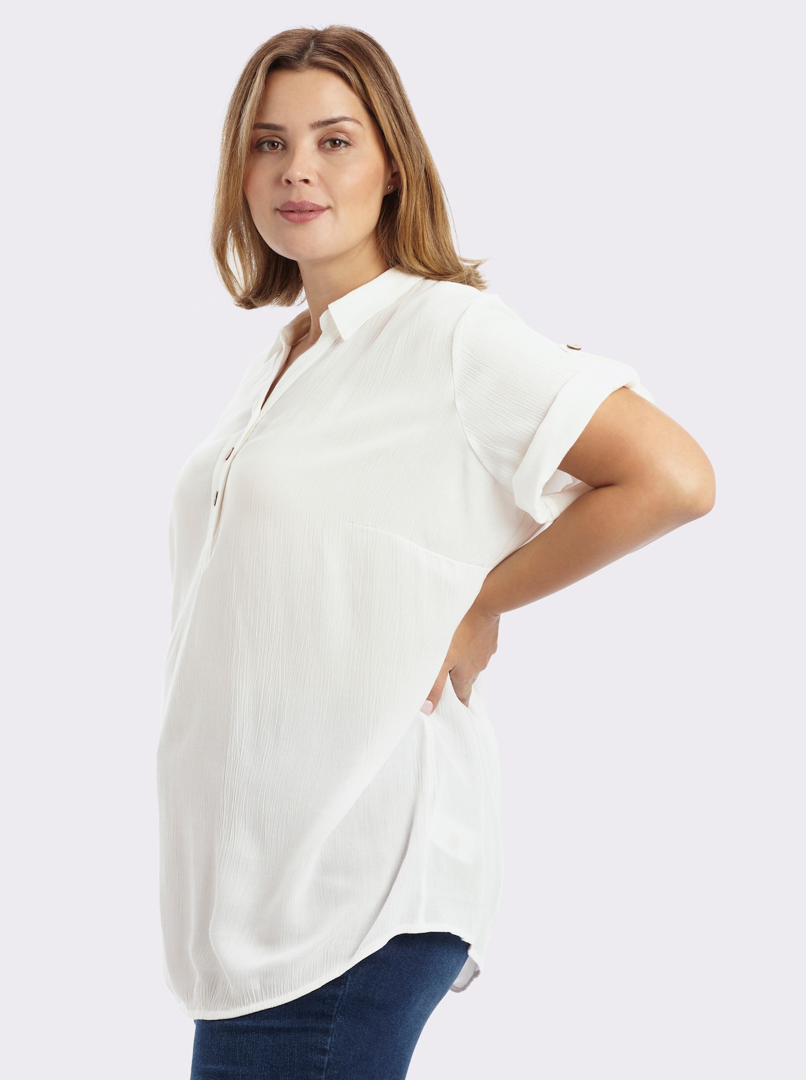 Schlupfbluse mit kurzen, krempelbaren Ärmeln - ecru