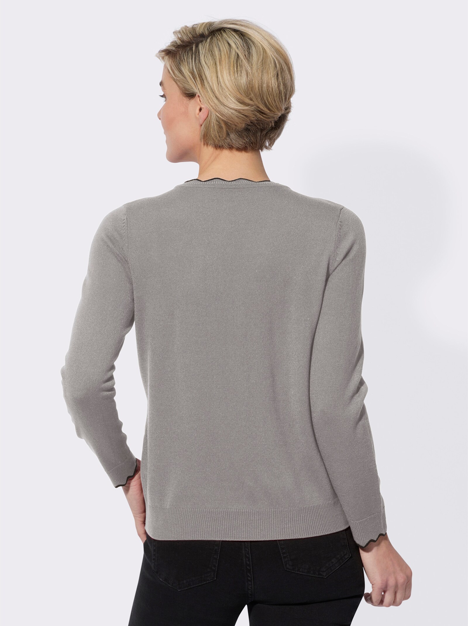 V-Ausschnitt-Pullover mit gewelltem Abschluss - steingrau