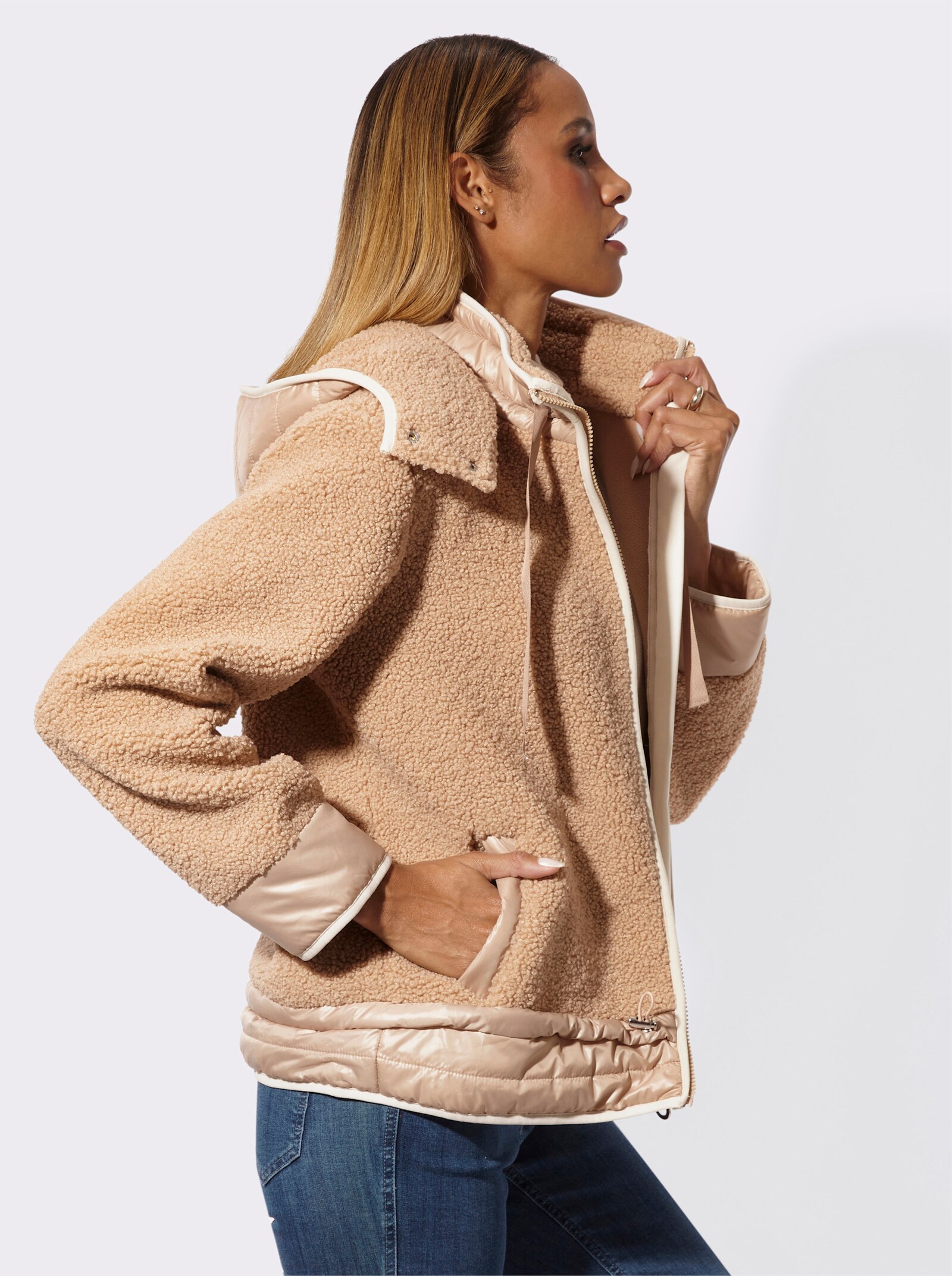 Fleecejacke mit abnehmbarer Kapuze - beige