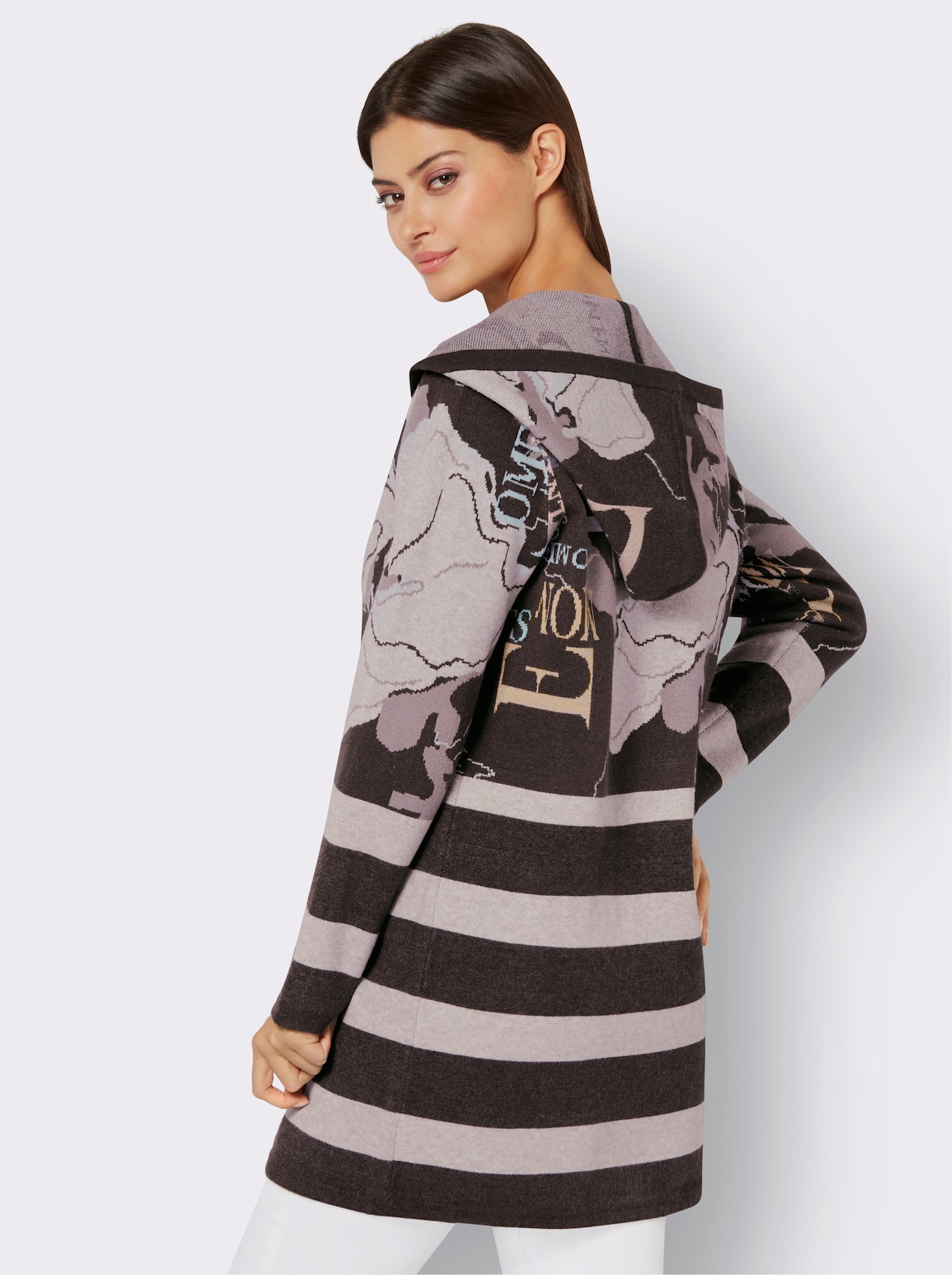 Vest van jacquard met capuchon - grafiet/lichtgrijs gedessineerd