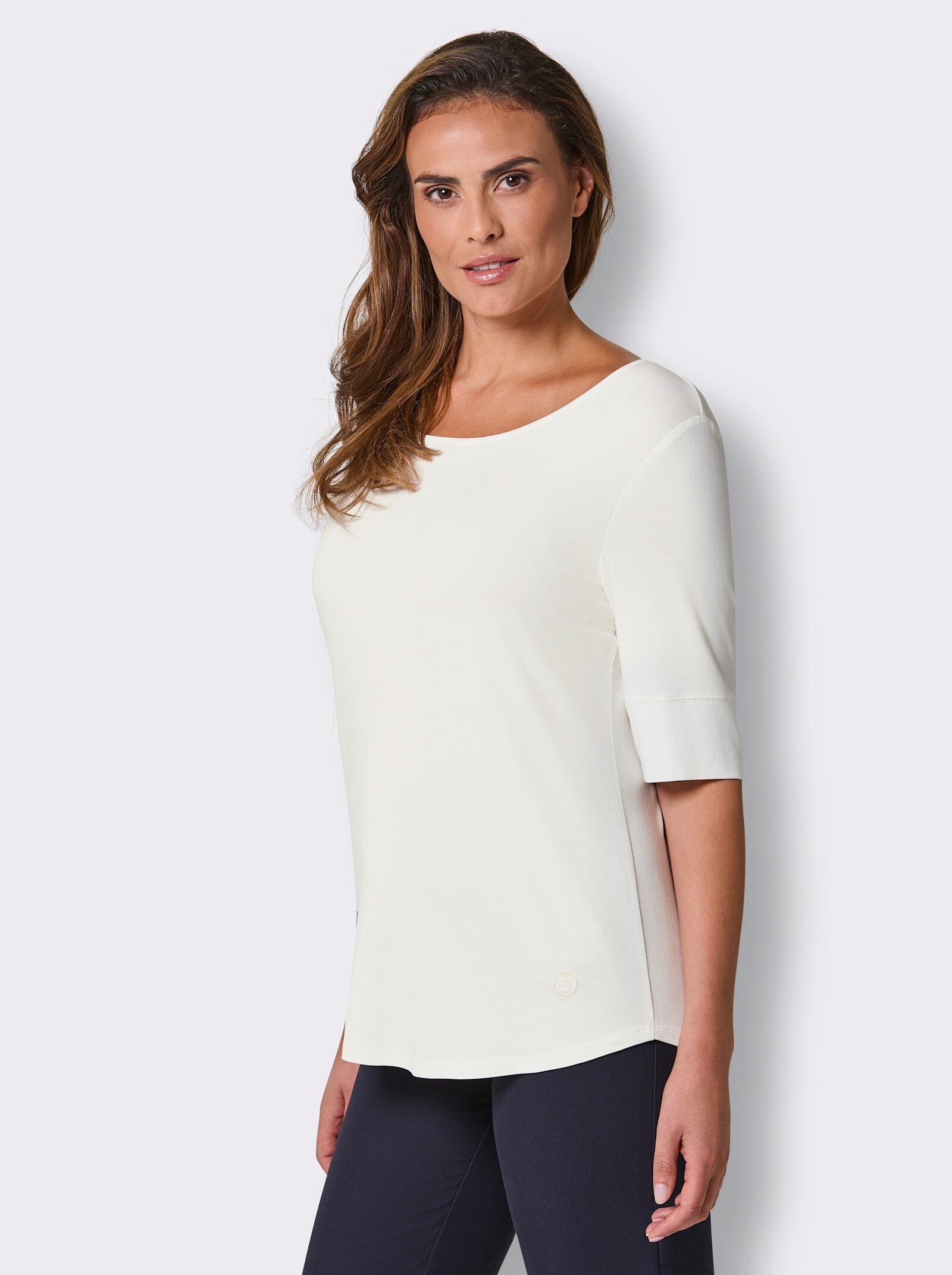 CREATION L PREMIUM Kurzarmshirt mit Logo-Stickerei - ecru