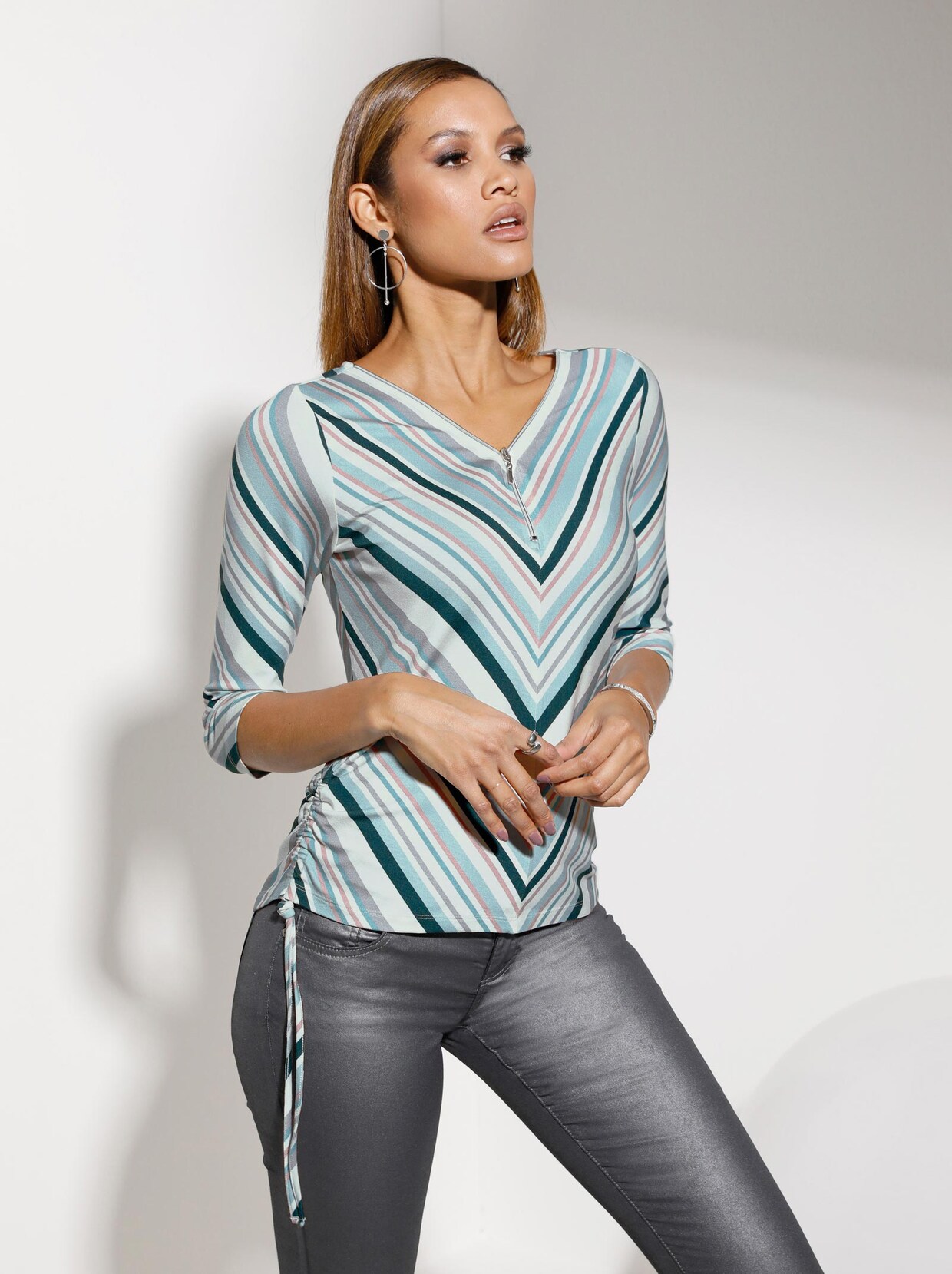 3/4-Arm-Shirt - petrol-rosenholz-gemustert