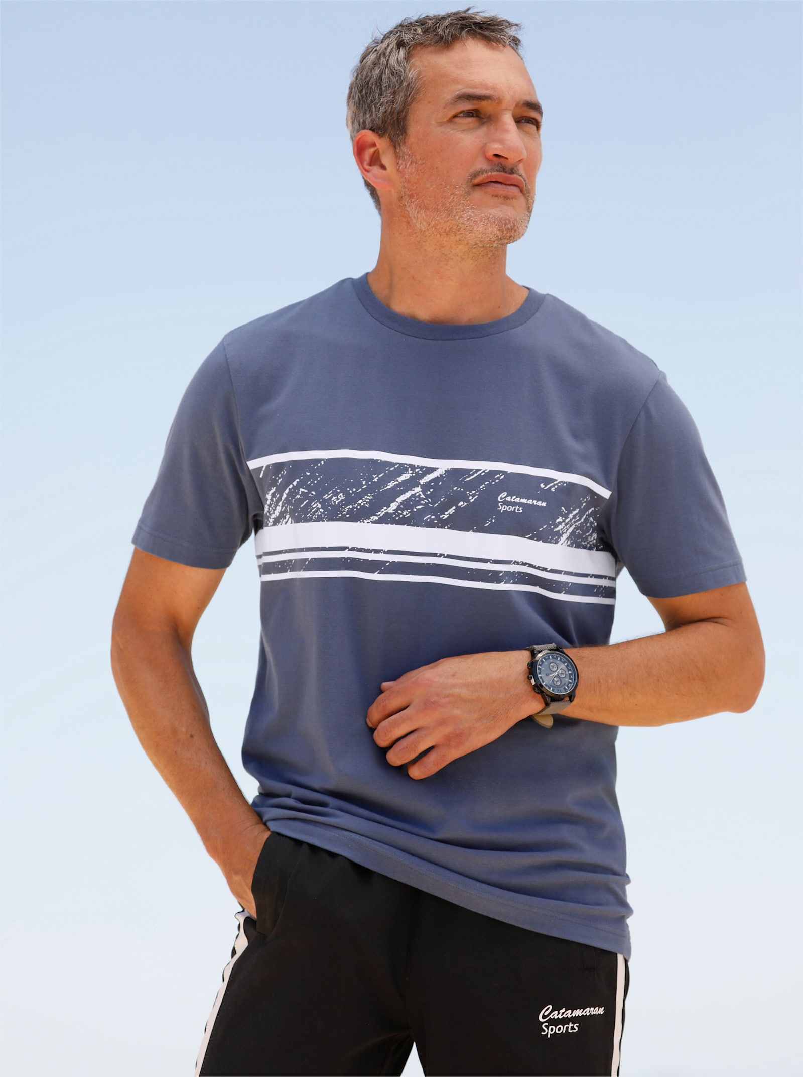 Catamaran Sports Freizeitshirt aus Baumwoll-Stretch - rauchblau-weiß